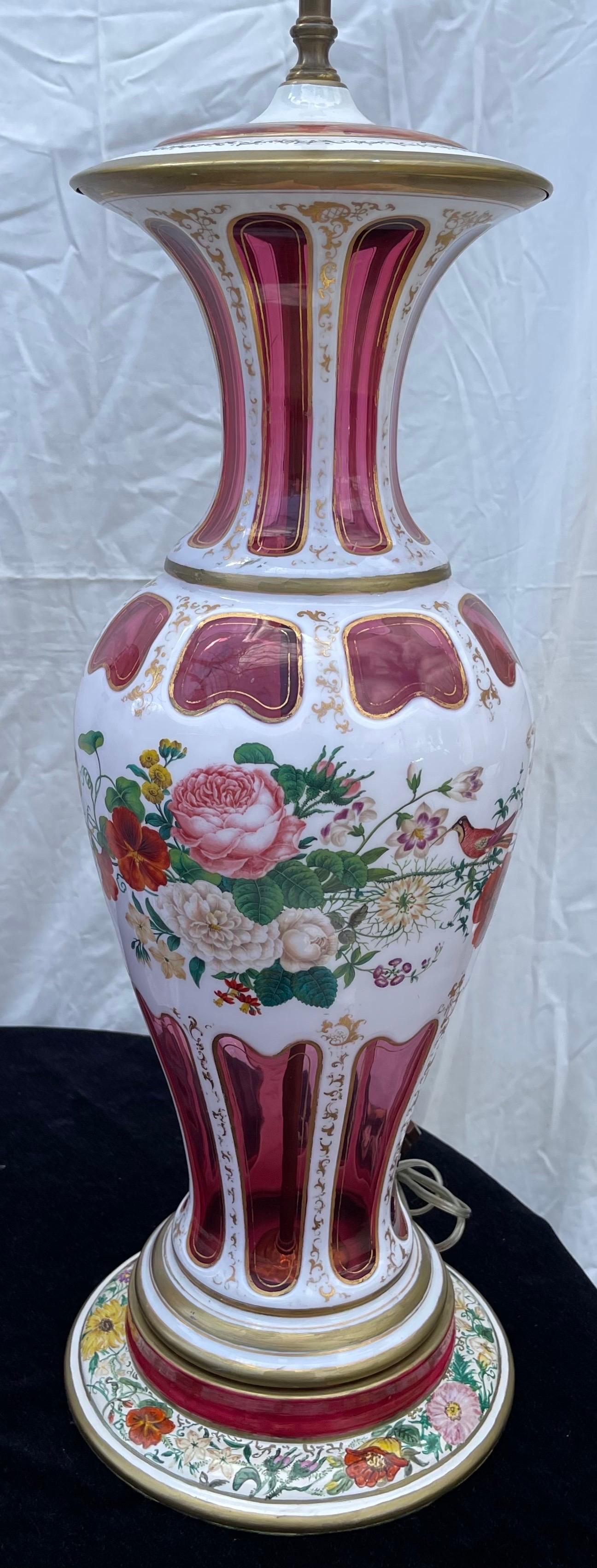 Belle Époque Wonderful Large Pair Bohemian Cranberry Glass Hand Painted Lamps Vases For Sale