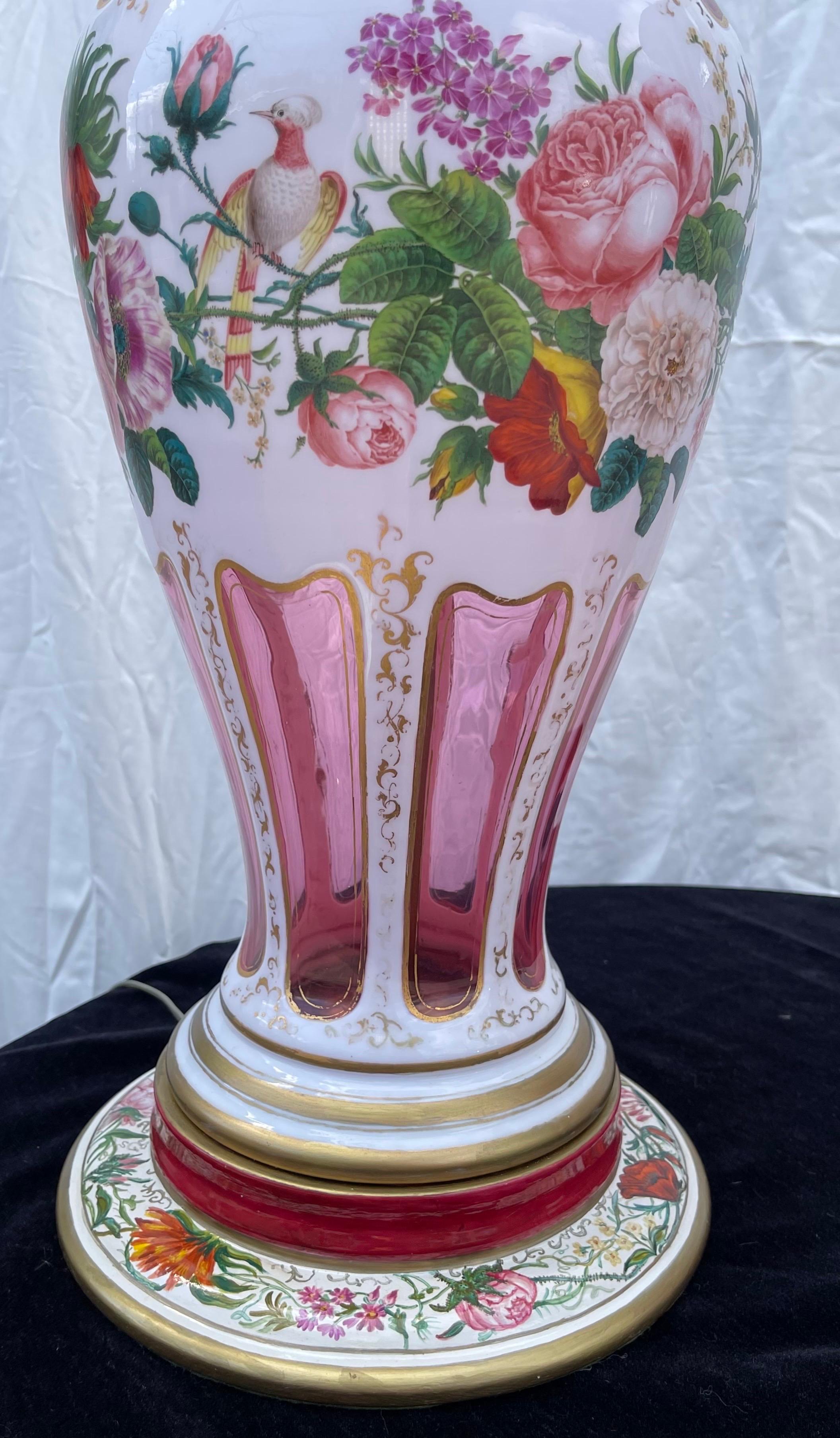 Wonderful Large Pair Bohemian Cranberry Glass Hand Painted Lamps Vases In Good Condition For Sale In Roslyn, NY