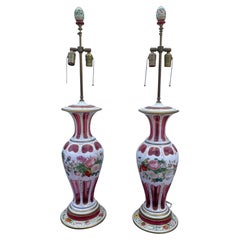 Vintage Wonderful Large Pair Bohemian Cranberry Glass Hand Painted Lamps Vases