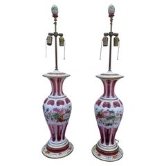 Wonderful Large Pair Bohemian Cranberry Glass Hand Painted Lamps Vases