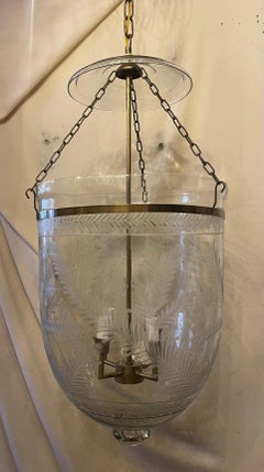 Wonderful Large Pair Brass Blown Etched Glass Bell Jar 4-Light Lantern Fixtures