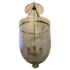 Wonderful Large Pair Brass Blown Etched Glass Bell Jar 4-Light Lantern Fixtures