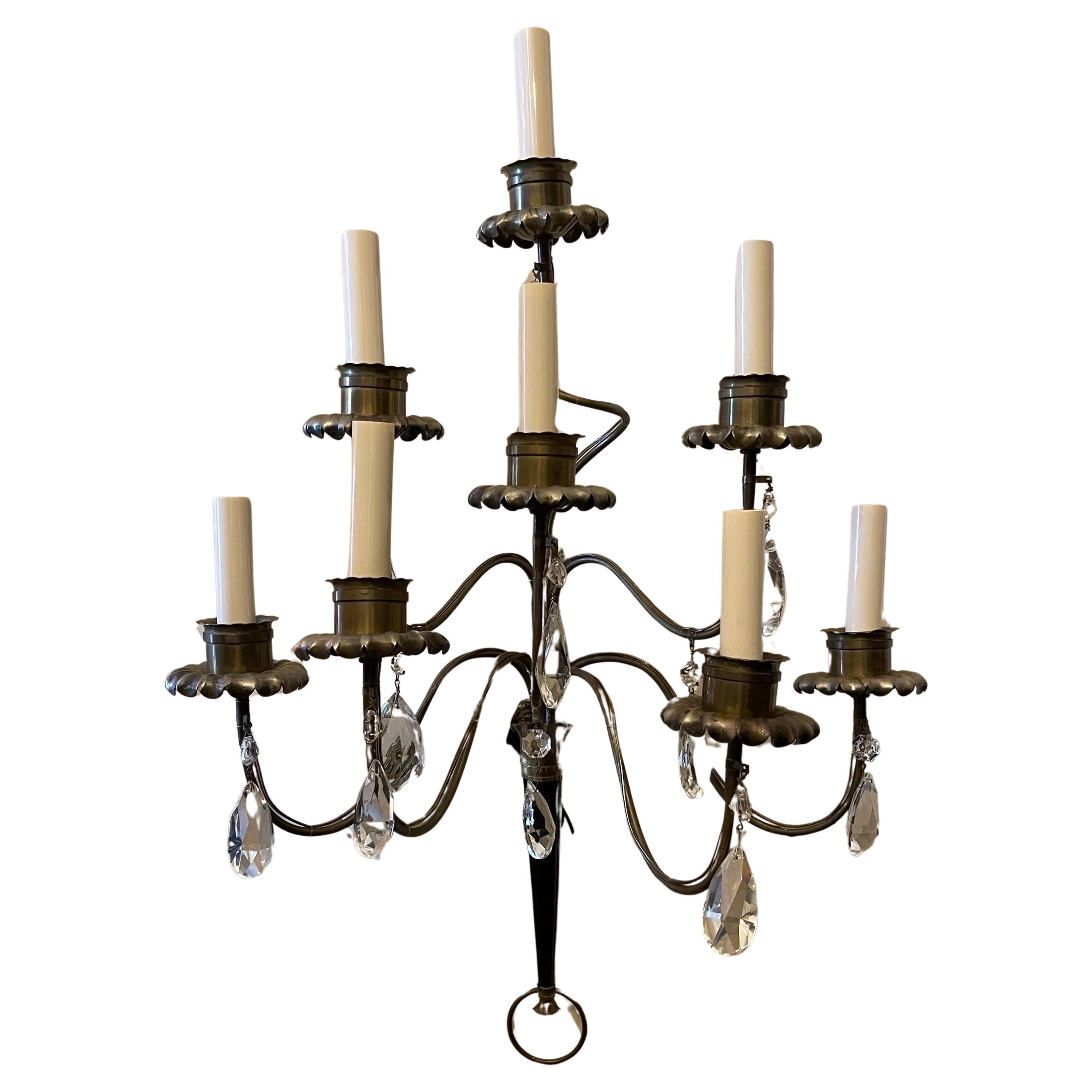 A Wonderful Large Pair Of Brass And Black Patinated 8 Candelabra Light Hollywood Regency Tommi Parzinger Style Wall Sconces, Each Arm Having A Crystal Drop.  