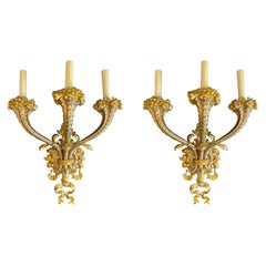 Wonderful Large Pair Bronze Caldwell Cornucopia Bow Tassels Sconces