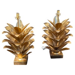 Wonderful Large Pair Brutalist Hollywood Regency Palm Gold Gilt Leaf Table Lamps