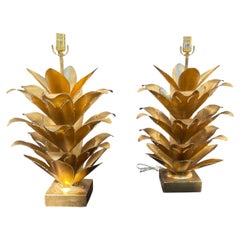 Wonderful Large Pair Brutalist Hollywood Regency Palm Gold Gilt Leaf Table Lamps