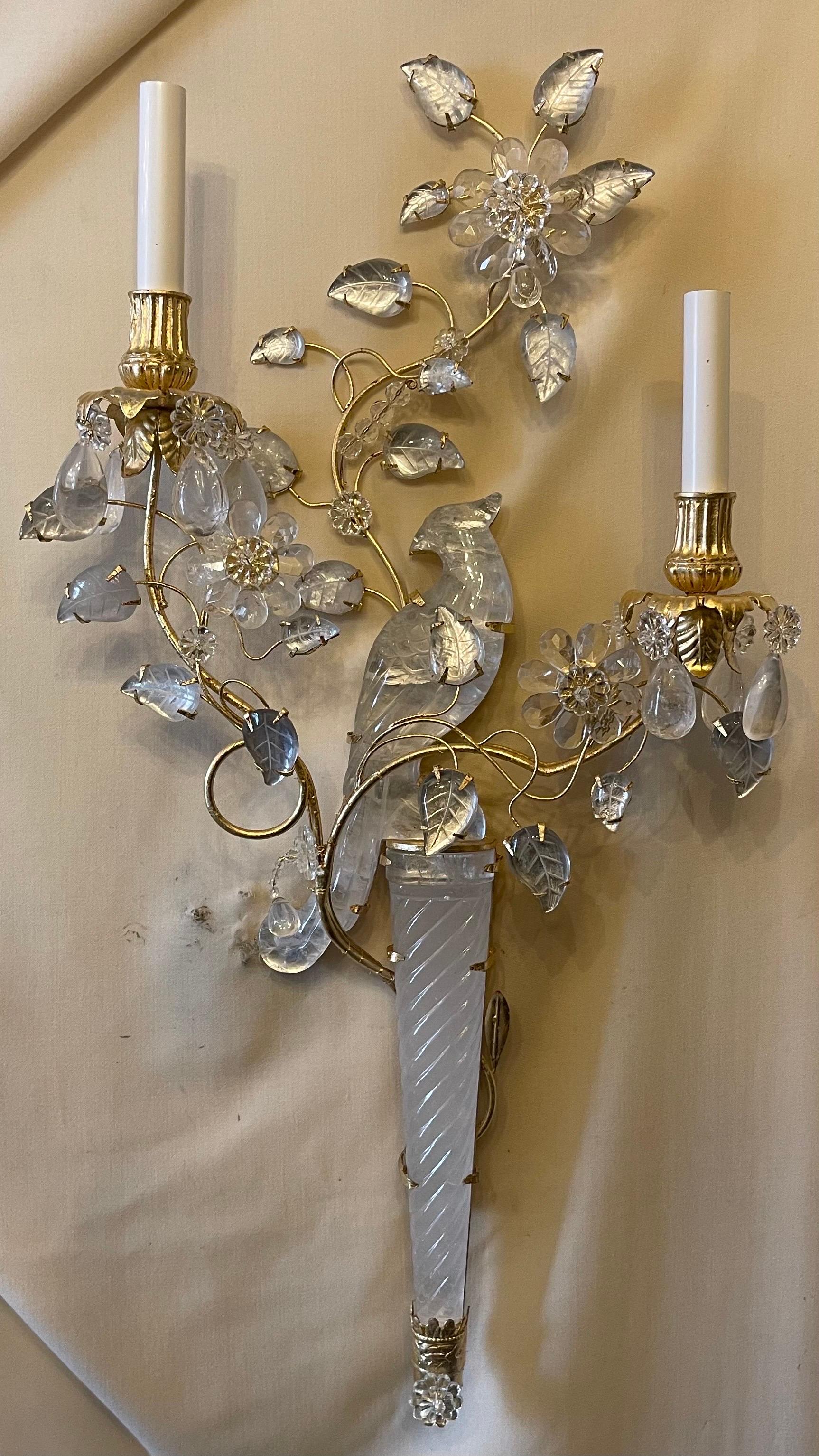 A wonderful pair of chinoiserie motif rock crystal two-arm with new candelabra sockets and wiring gilt bird form parrot with flowers sconces
 
Two pairs available
Each sold separately.