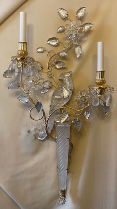 Wonderful Large Pair Chinoiserie Rock Crystal Two-Arm Gilt Bird Parrot Sconces