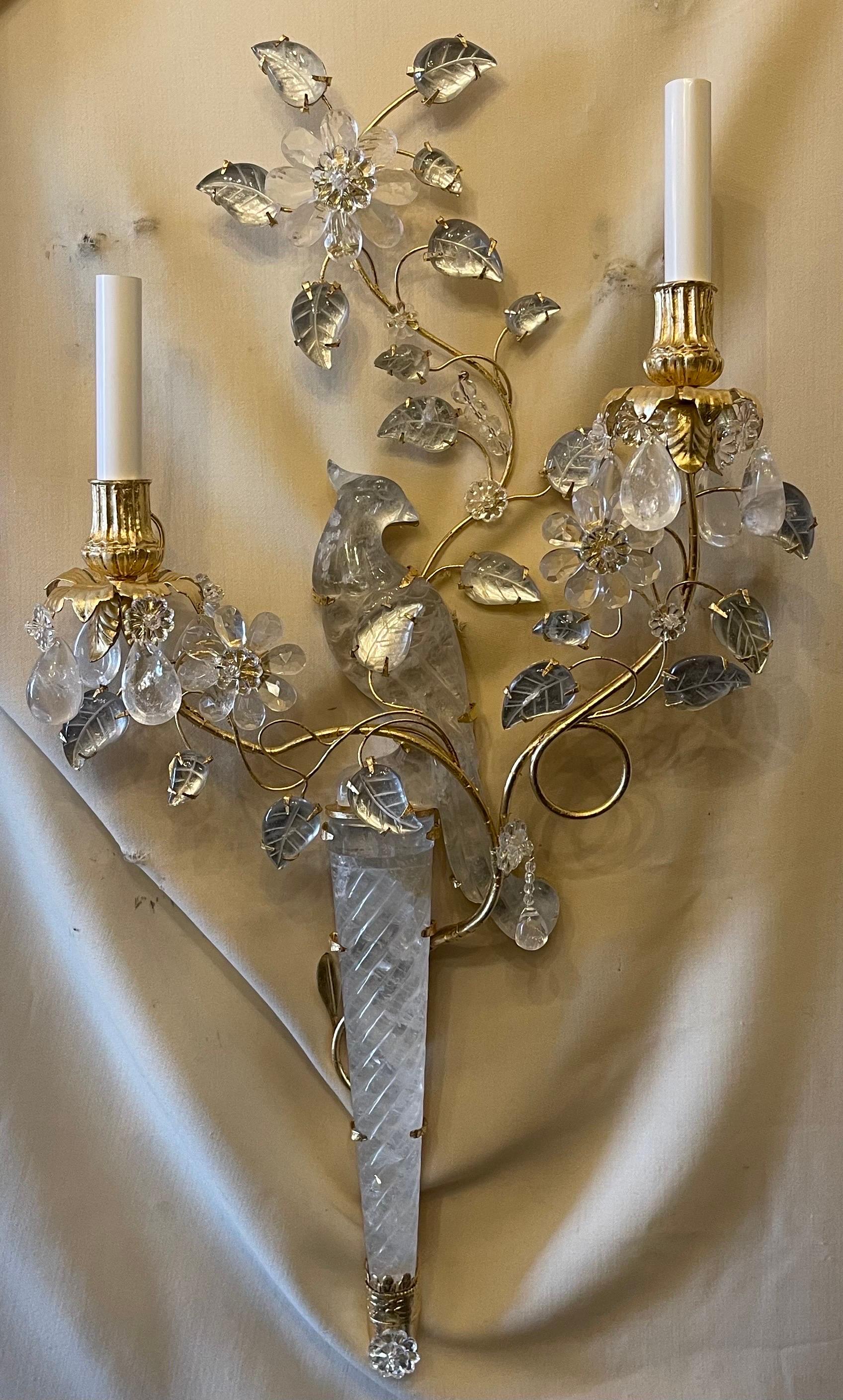 Wonderful Large Pair Chinoiserie Rock Crystal Two-Arm Gilt Bird Parrot Sconces In Good Condition For Sale In Roslyn, NY