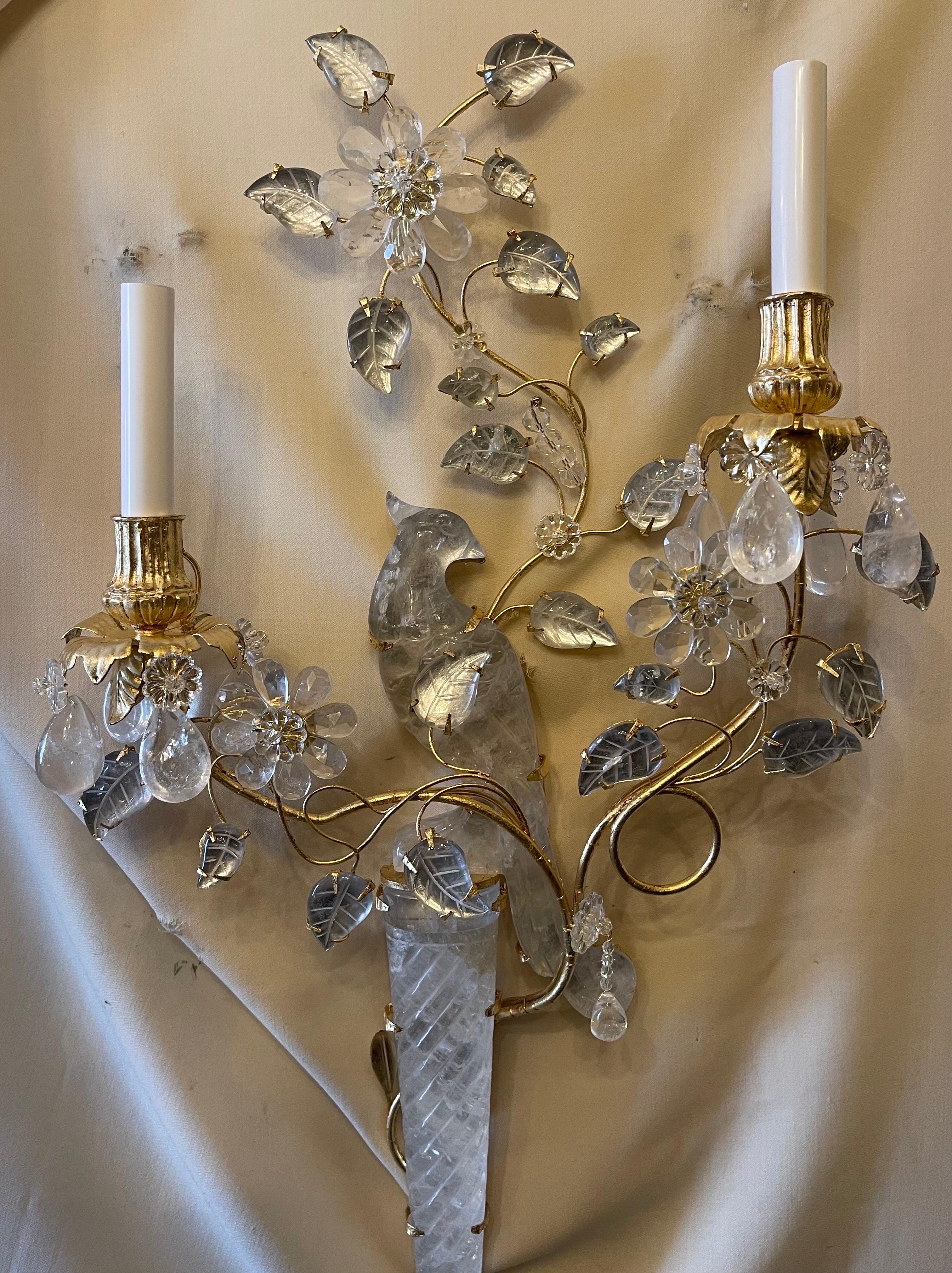 20th Century Wonderful Large Pair Chinoiserie Rock Crystal Two-Arm Gilt Bird Parrot Sconces For Sale