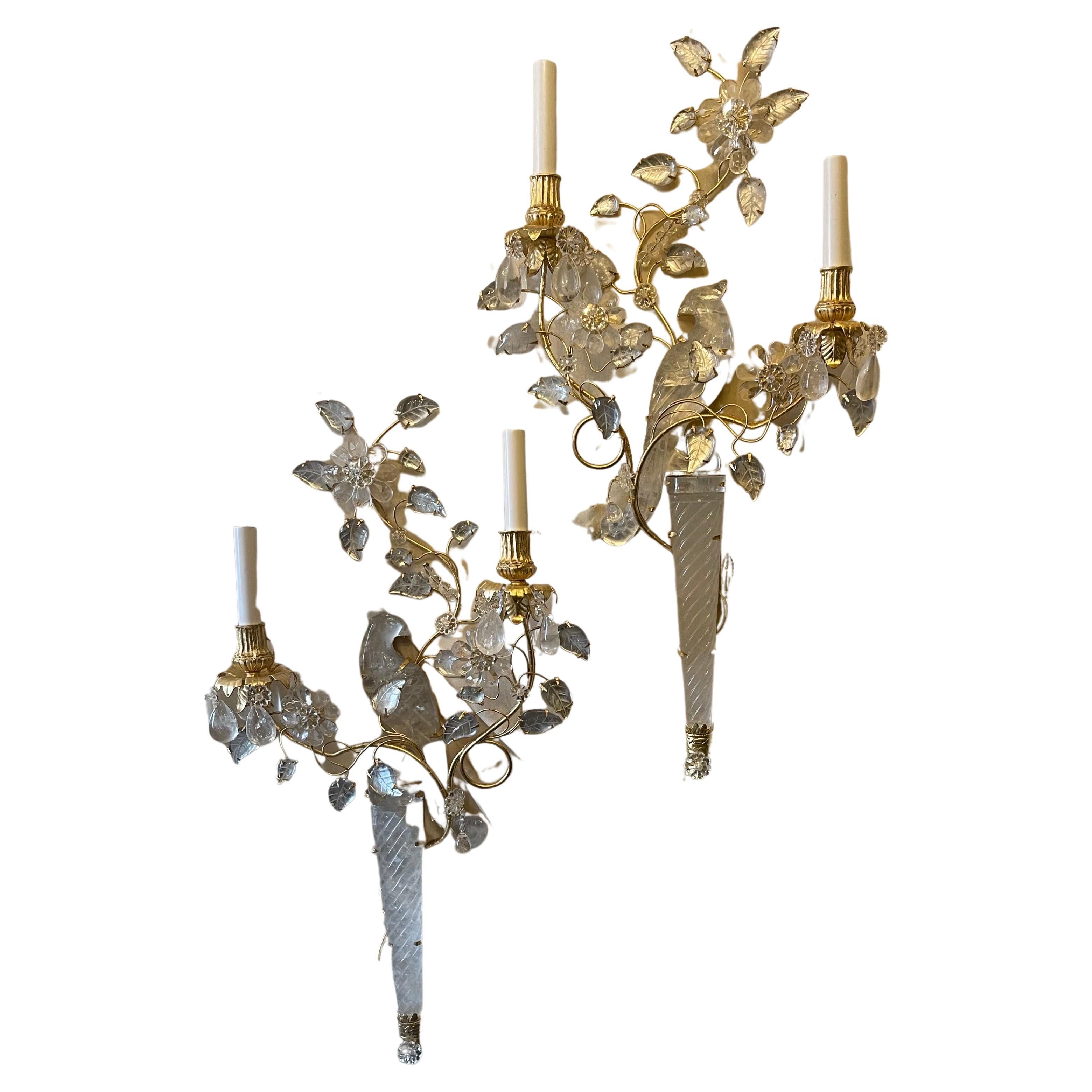 Wonderful Large Pair Chinoiserie Rock Crystal Two-Arm Gilt Bird Parrot Sconces For Sale