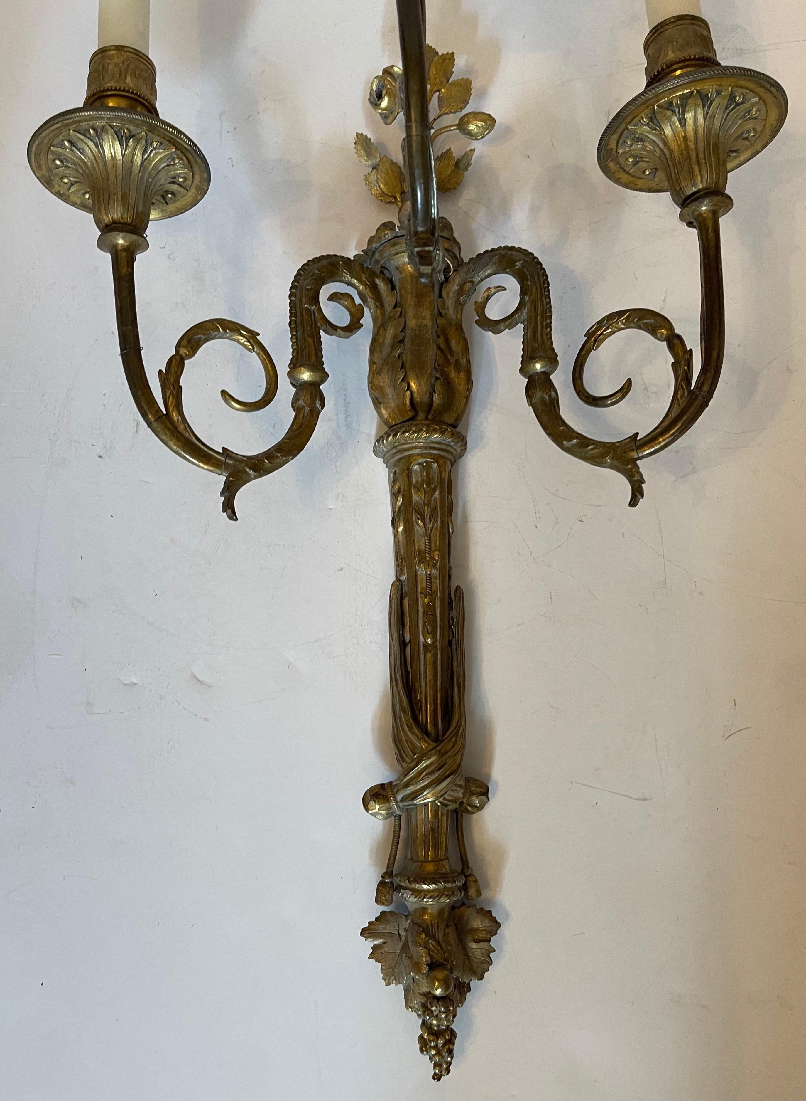 Wonderful Large Pair French Dore Bronze Torchiere Neoclassical Tassel Sconces In Good Condition For Sale In Roslyn, NY