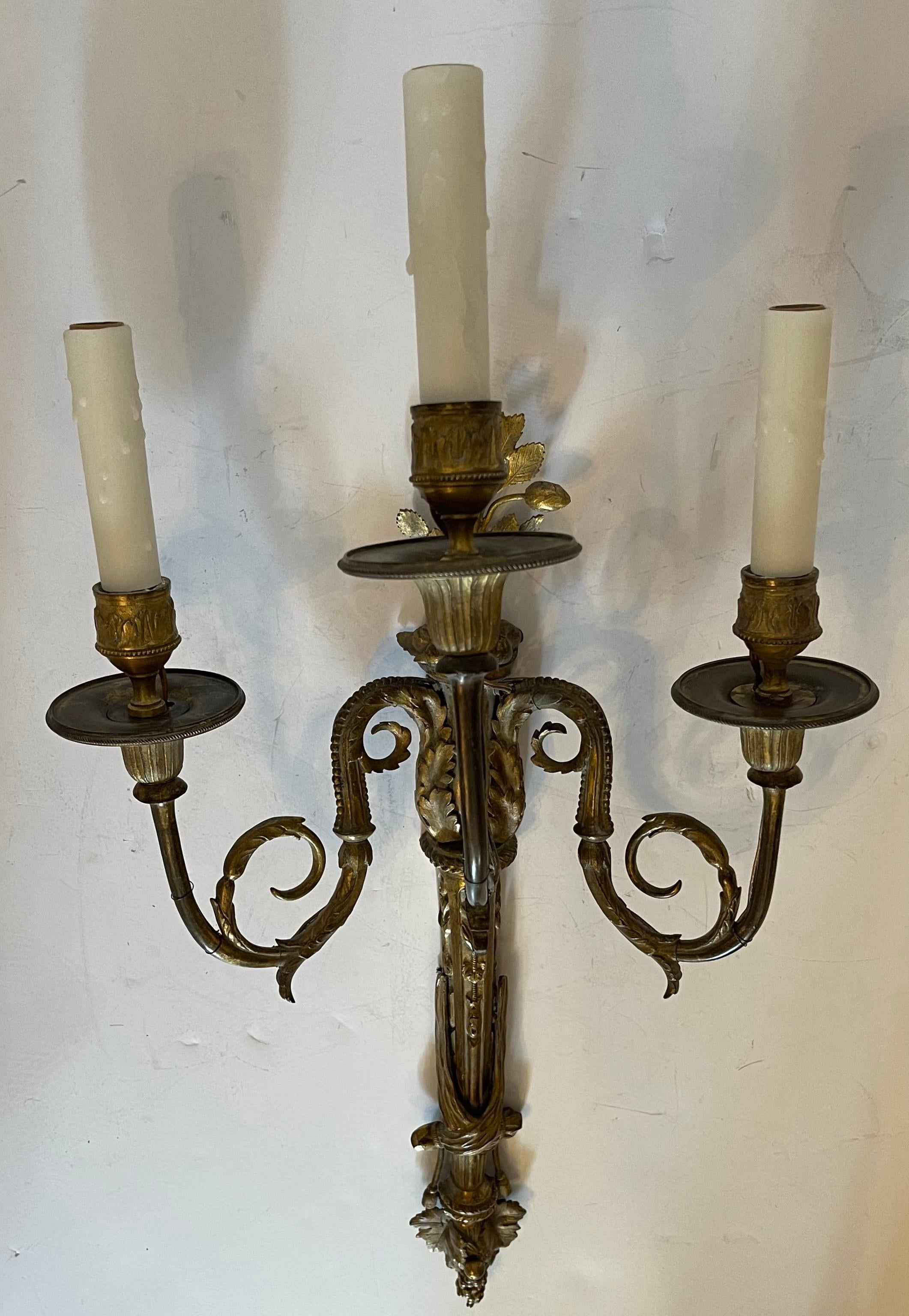 20th Century Wonderful Large Pair French Dore Bronze Torchiere Neoclassical Tassel Sconces For Sale