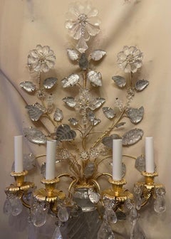 Wonderful Large Pair French Gold Gilt Rock Crystal Flower Urn Baguès Sconces