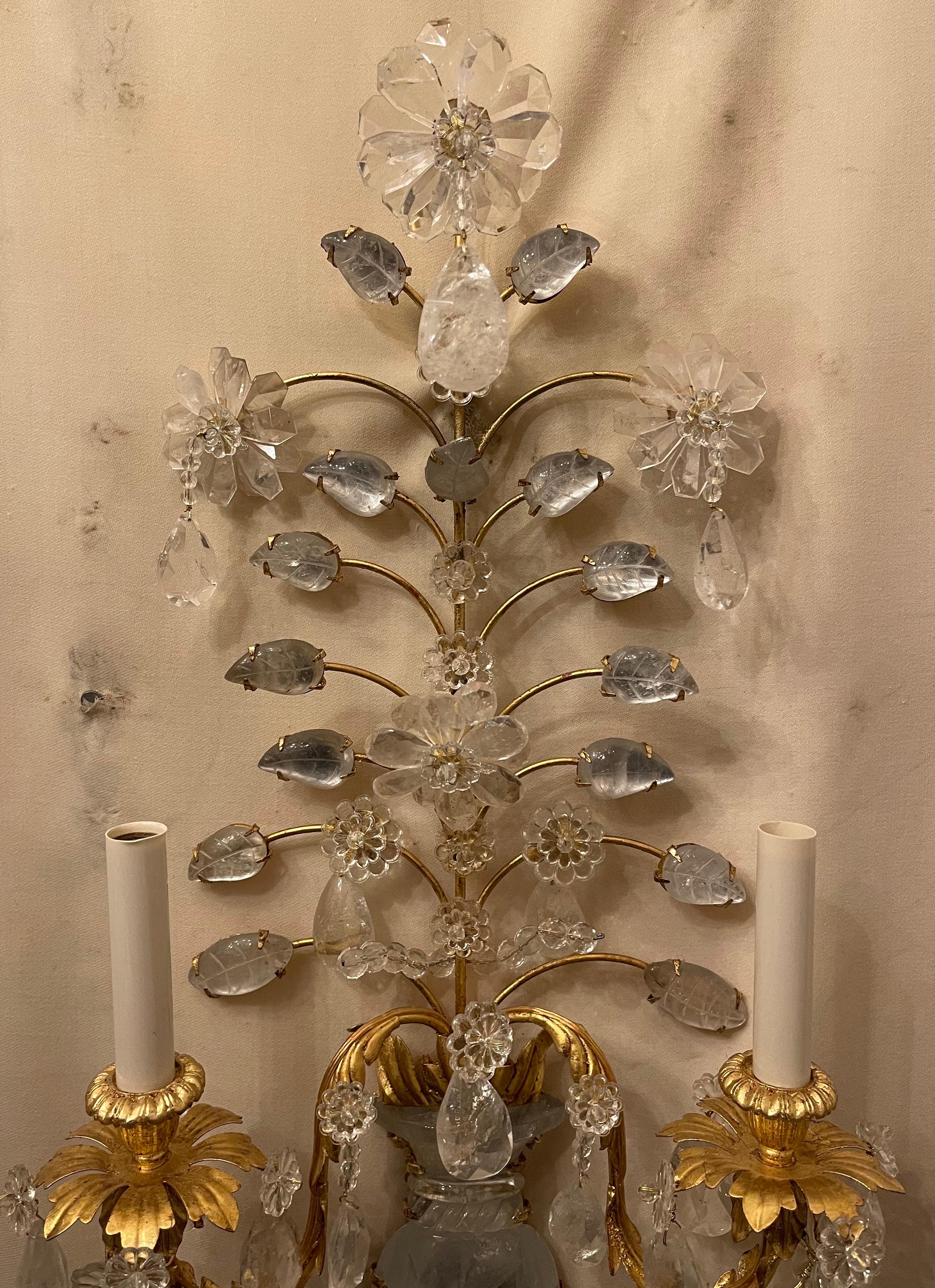 Belle Époque Wonderful Large Pair French Gold Gilt Rock Crystal Flower Urn Baguès Sconces For Sale