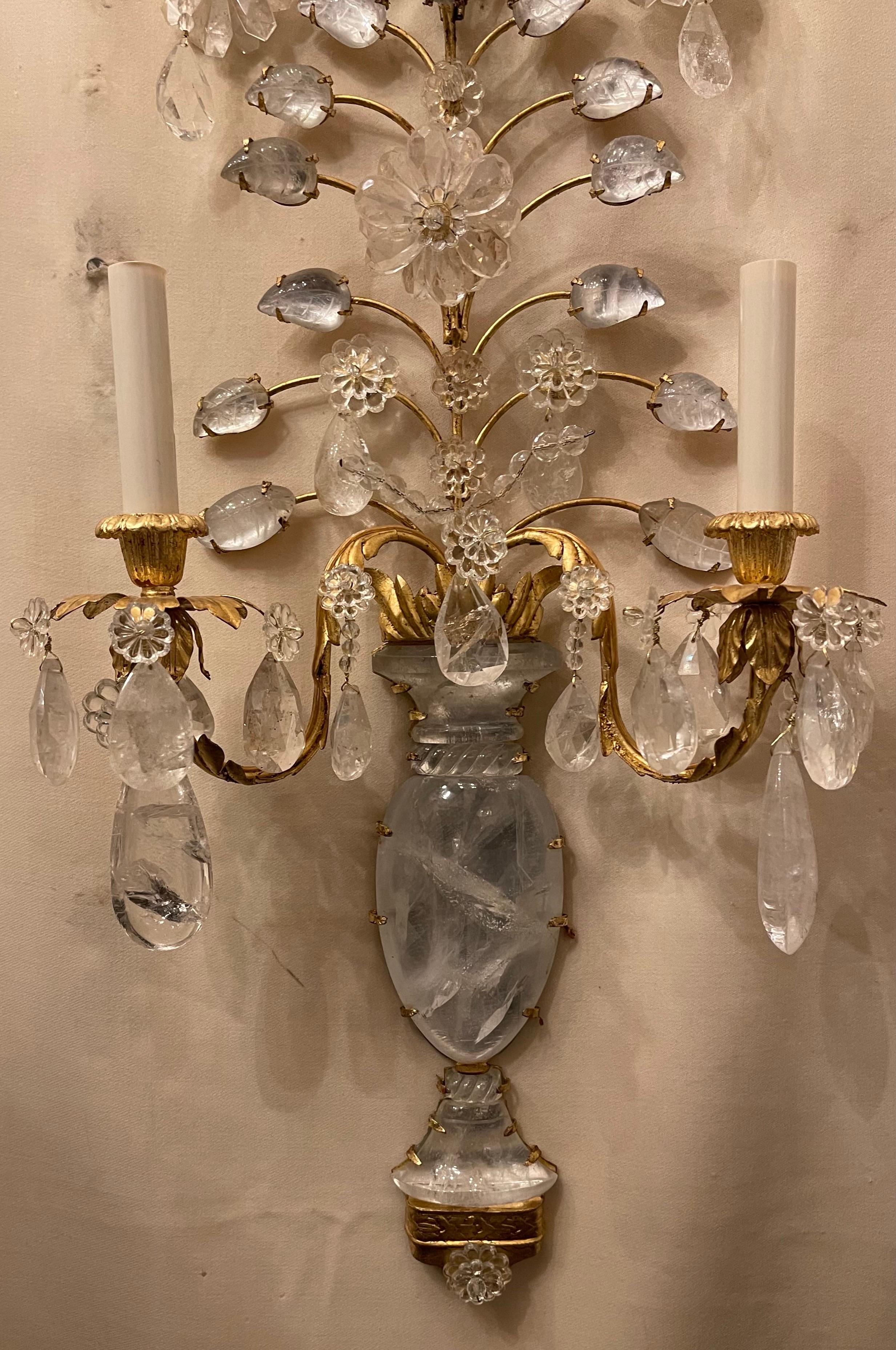 Wonderful Large Pair French Gold Gilt Rock Crystal Flower Urn Baguès Sconces In Good Condition In Roslyn, NY