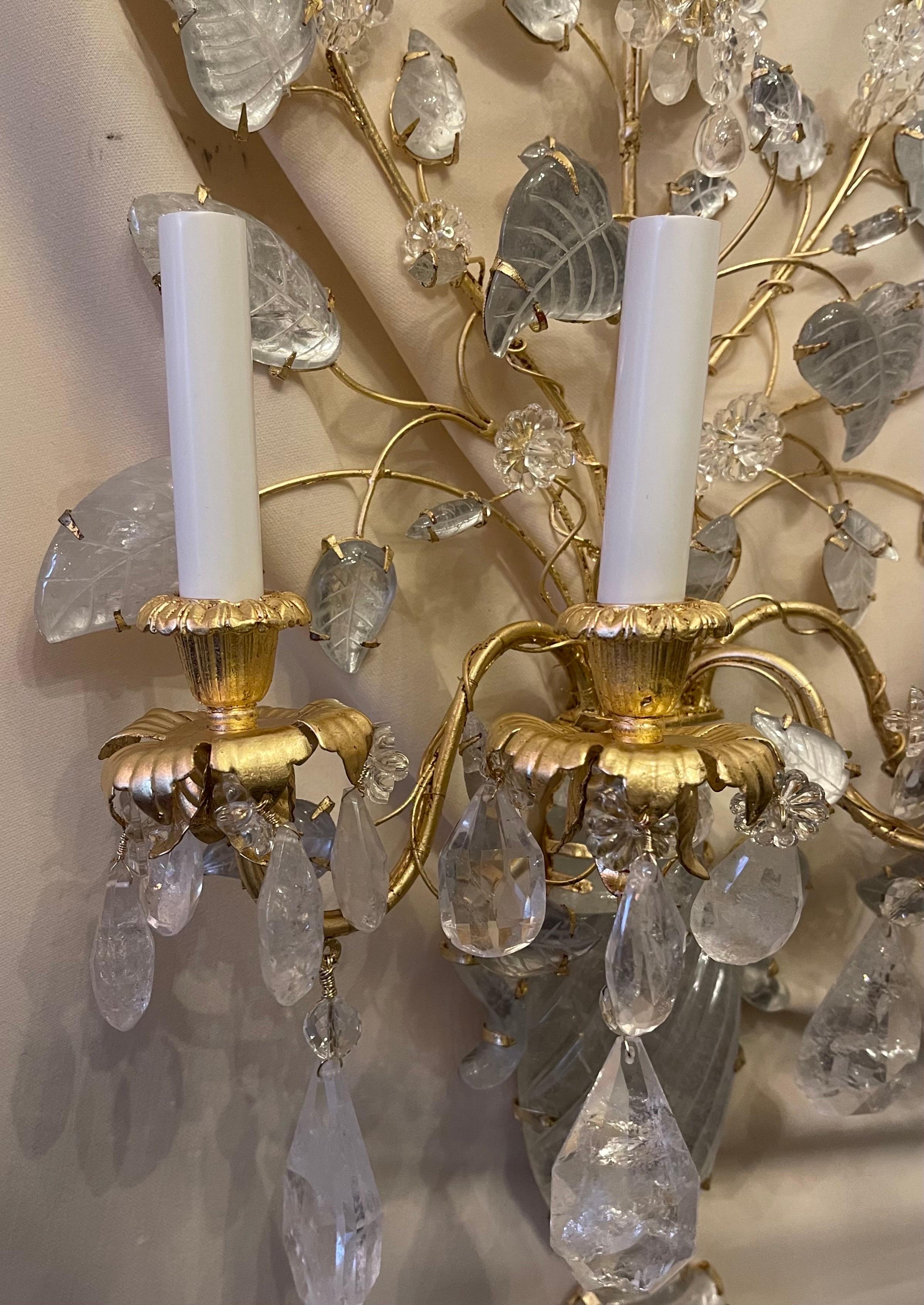 Wonderful Large Pair French Gold Gilt Rock Crystal Flower Urn Baguès Sconces In Good Condition For Sale In Roslyn, NY