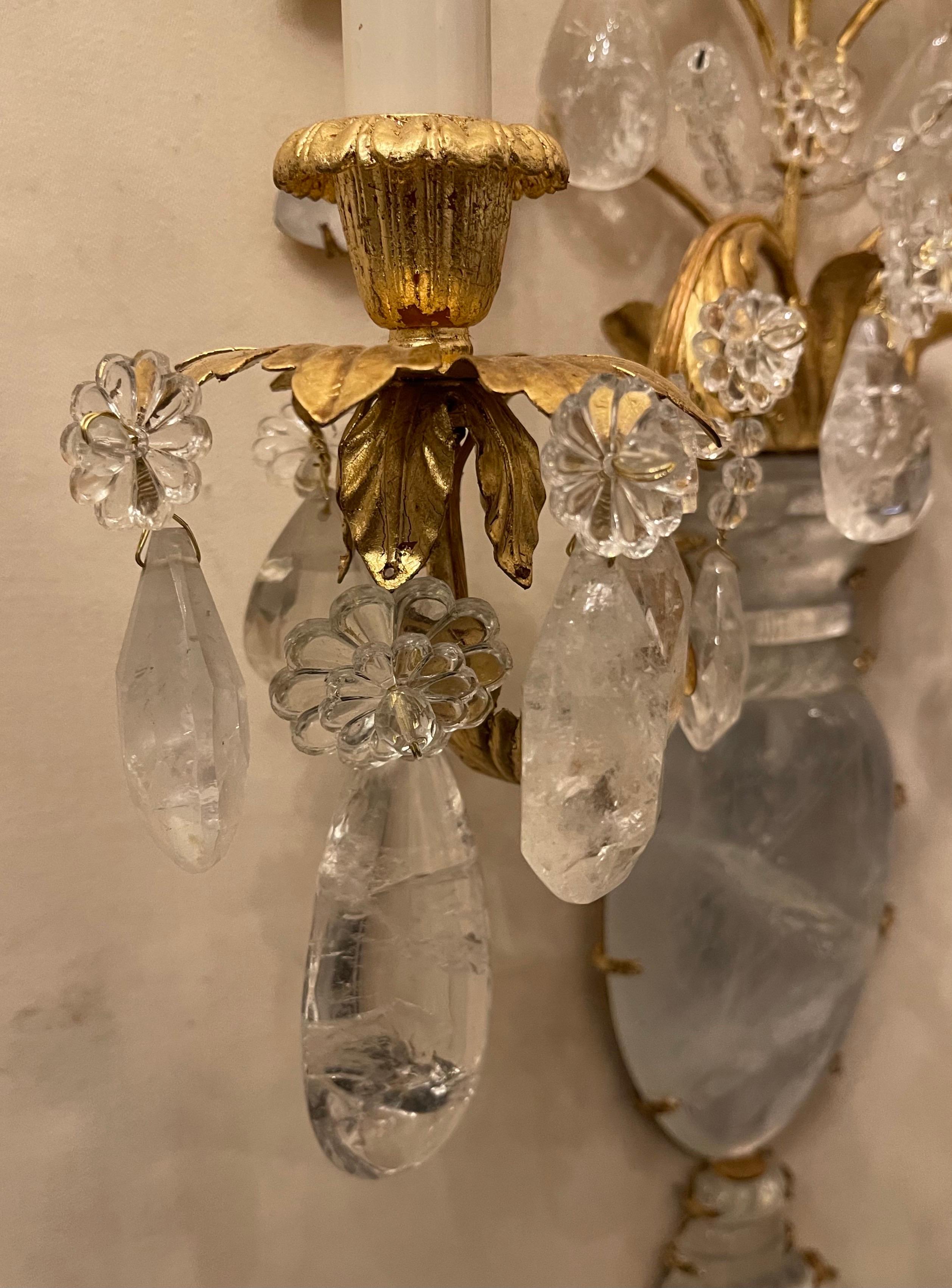 20th Century Wonderful Large Pair French Gold Gilt Rock Crystal Flower Urn Baguès Sconces For Sale