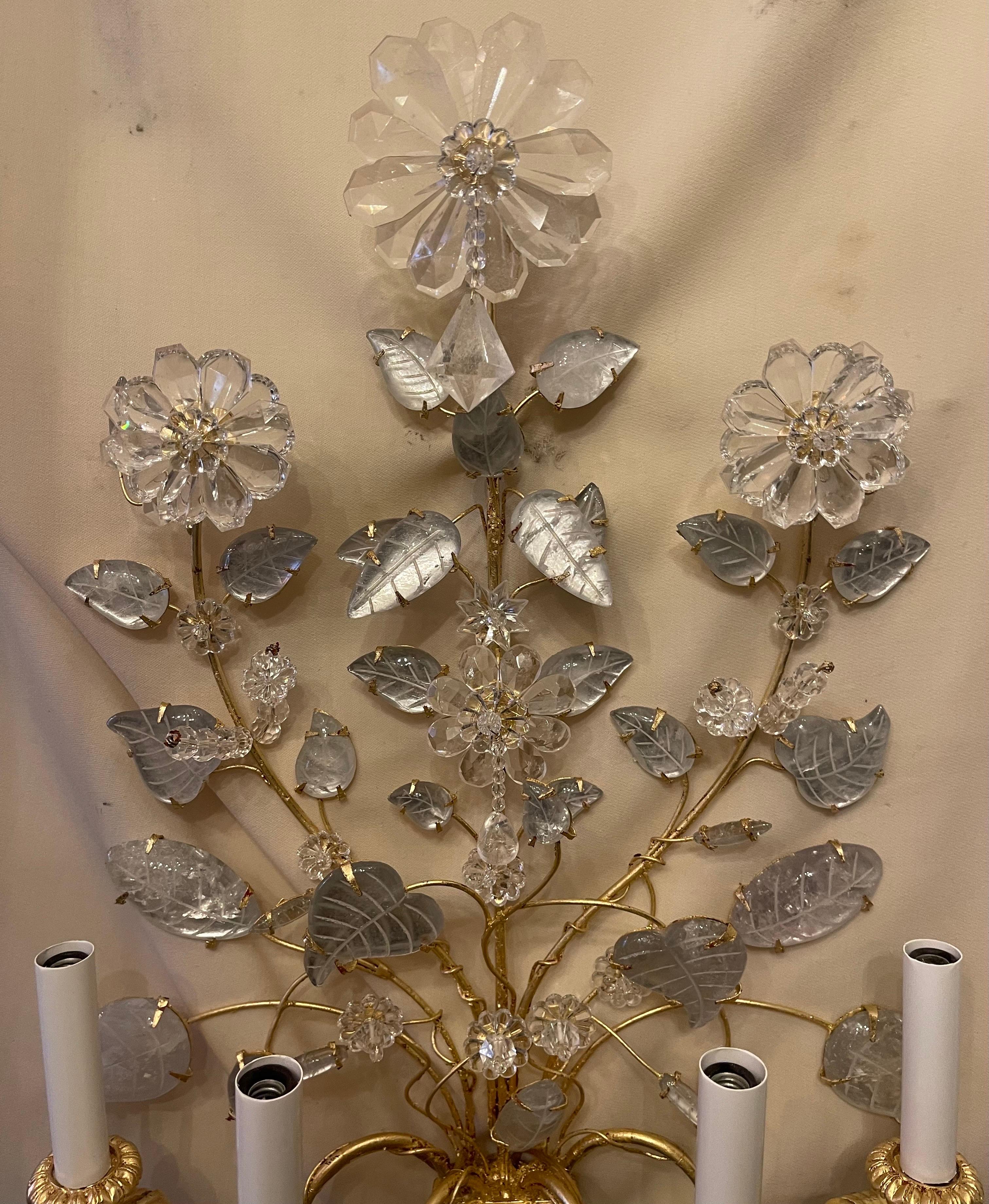20th Century Wonderful Large Pair French Gold Gilt Rock Crystal Flower Urn Baguès Sconces For Sale