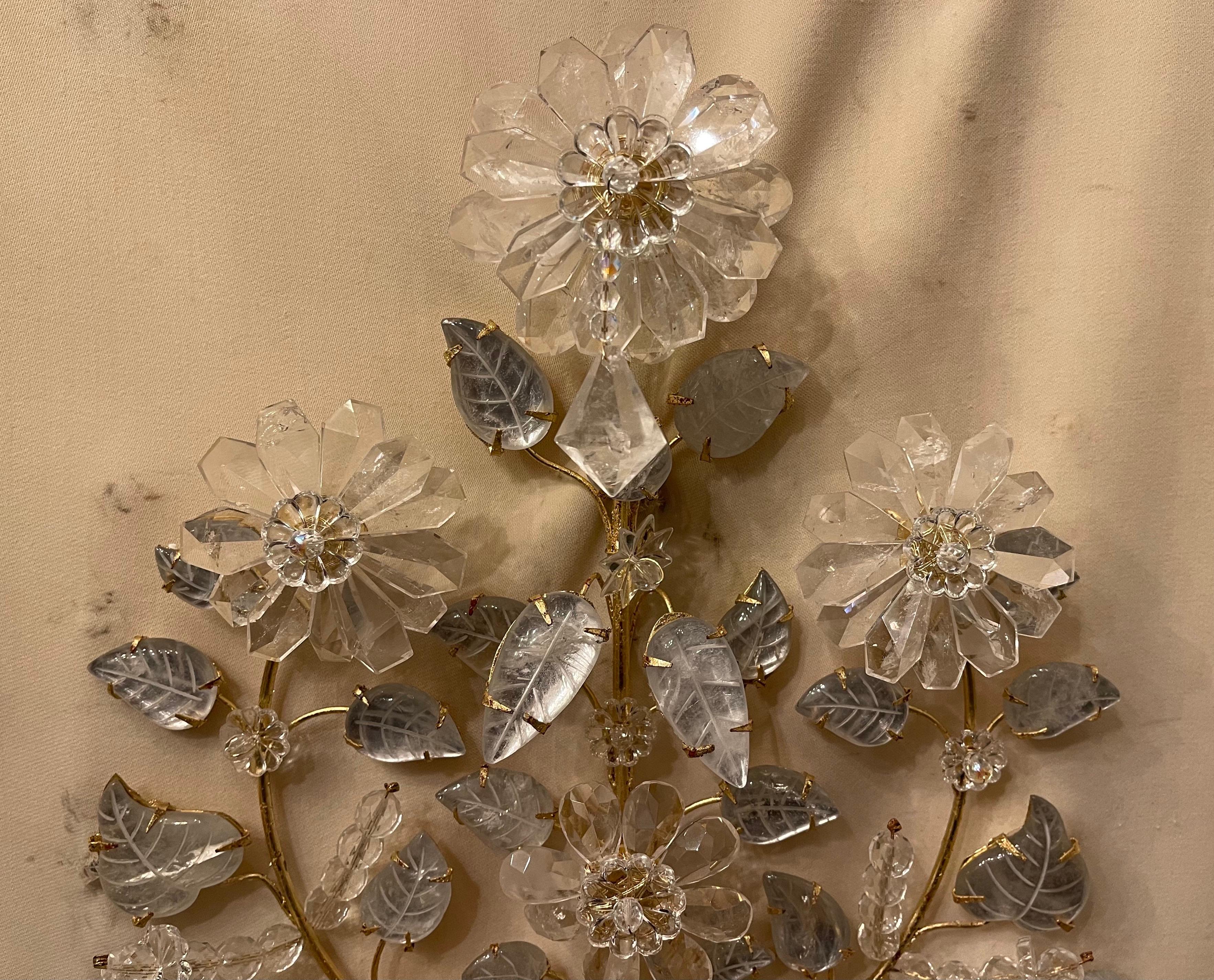 Wonderful Large Pair French Gold Gilt Rock Crystal Flower Urn Baguès Sconces 2