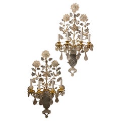 Wonderful Large Pair French Gold Gilt Rock Crystal Flower Urn Baguès Sconces