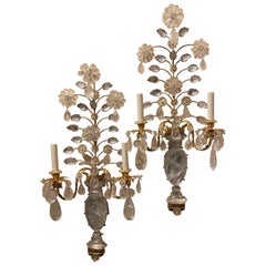 Wonderful Large Pair French Gold Gilt Rock Crystal Flower Urn Baguès Sconces