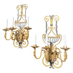 Wonderful Large Pair French Gold Gilt Wrought Iron Neoclassical Wall Sconces