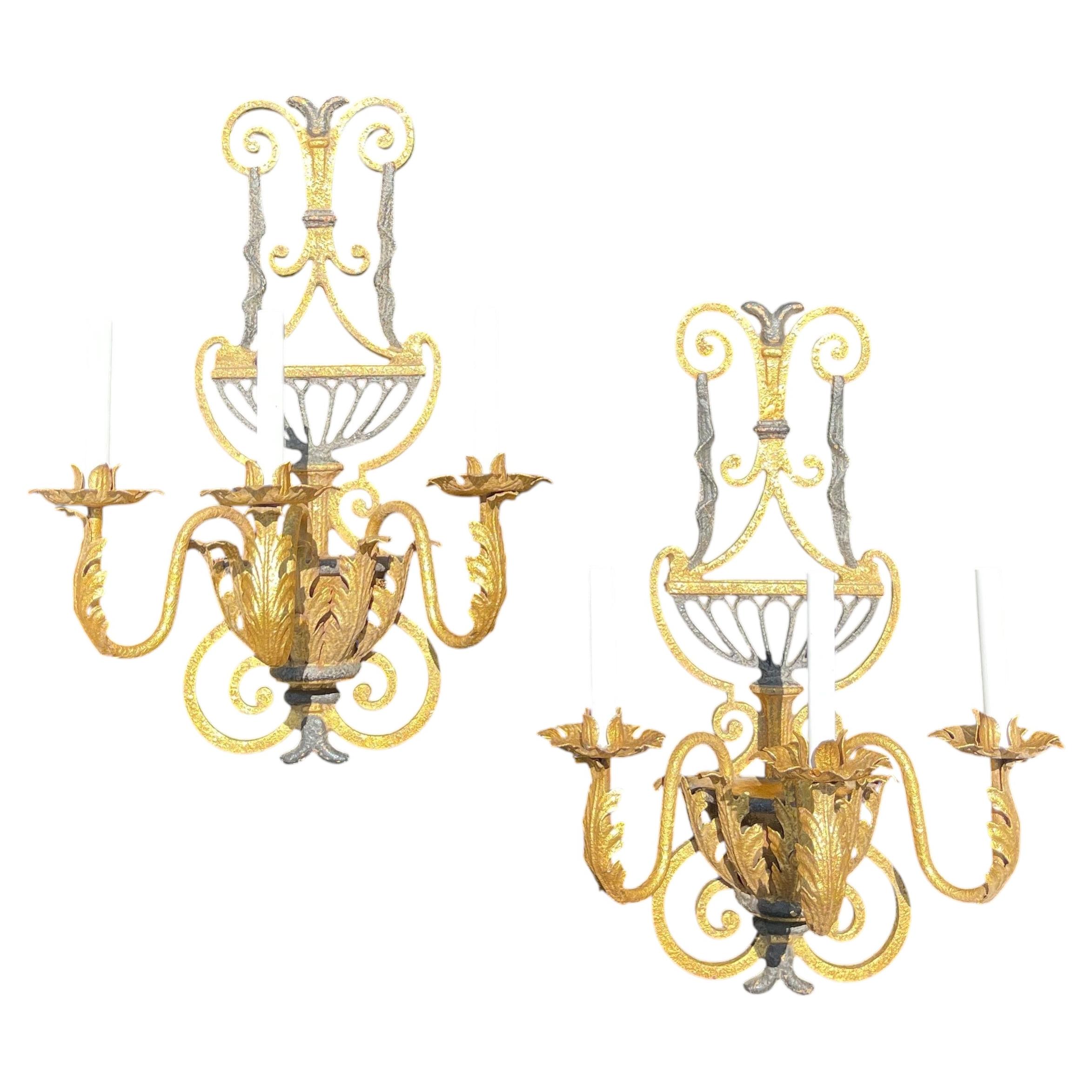 Wonderful Large Pair French Gold Gilt Wrought Iron Neoclassical Wall Sconces For Sale
