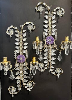 Wonderful Large Pair Gold Gilt Rock Crystal Amethyst Leaf Paisley Baguès Sconces