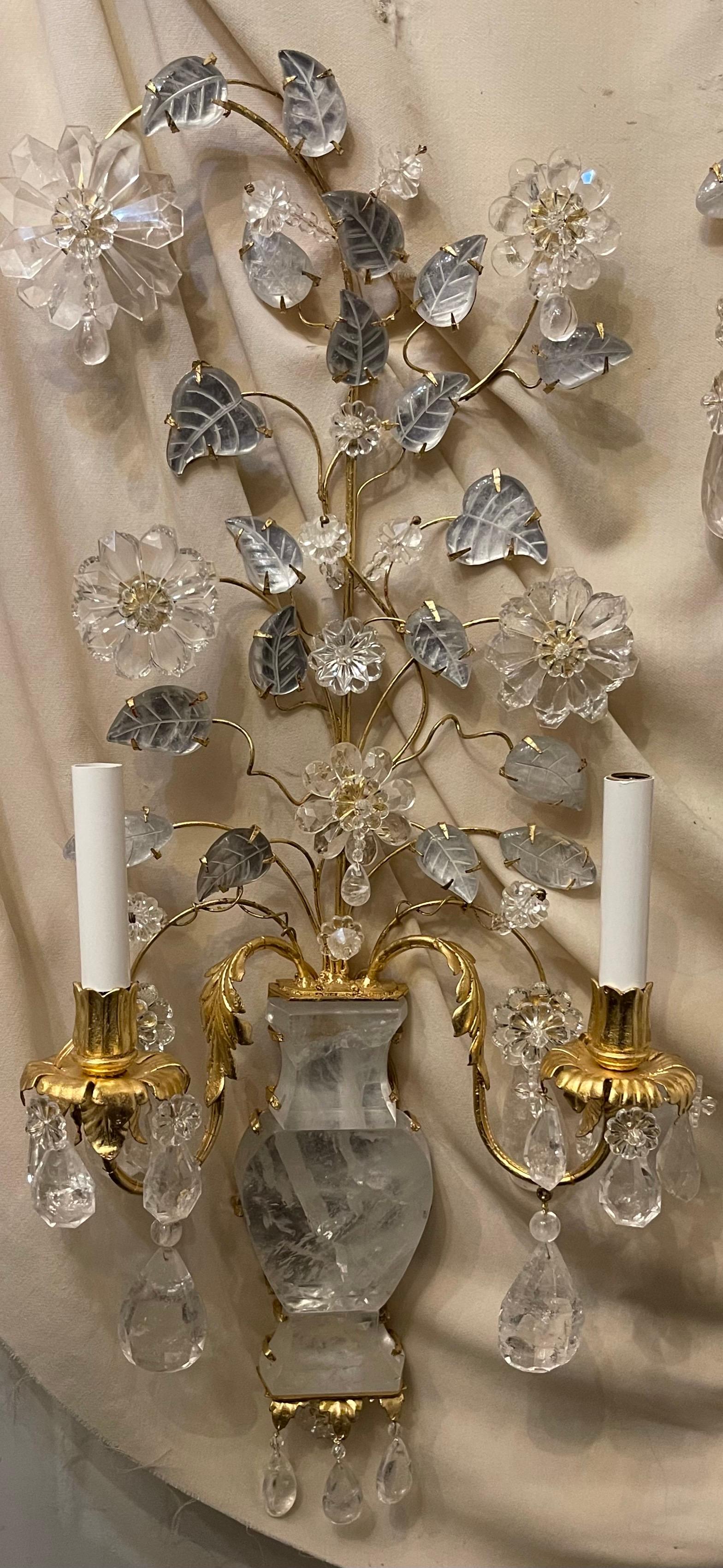 A Wonderful Large Pair Of Italian Rock Crystal Baguès Style Urn & Flower Bouquet Form Two CAndelabra Light Sconces
