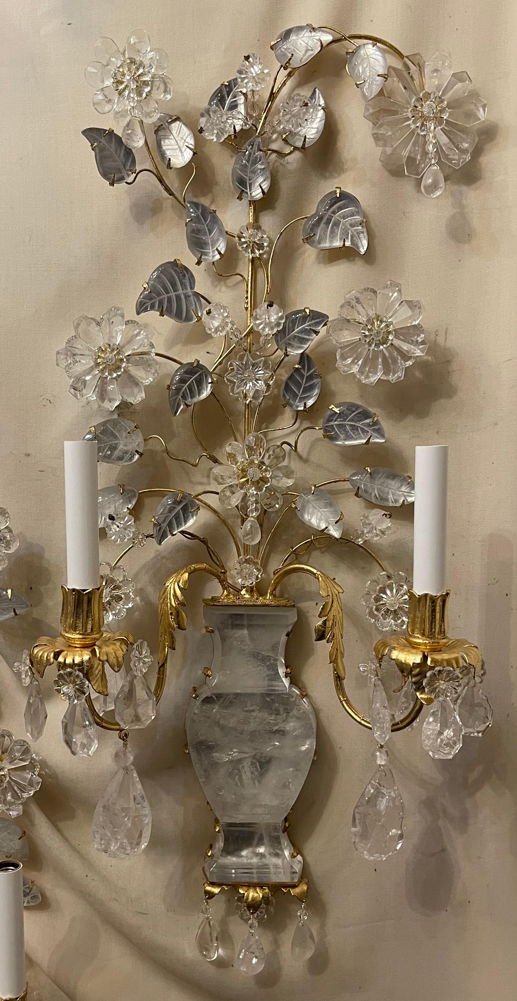 Belle Époque Wonderful Large Pair Italian Rock Crystal Baguès Urn Flower Bouquet Form Sconces For Sale