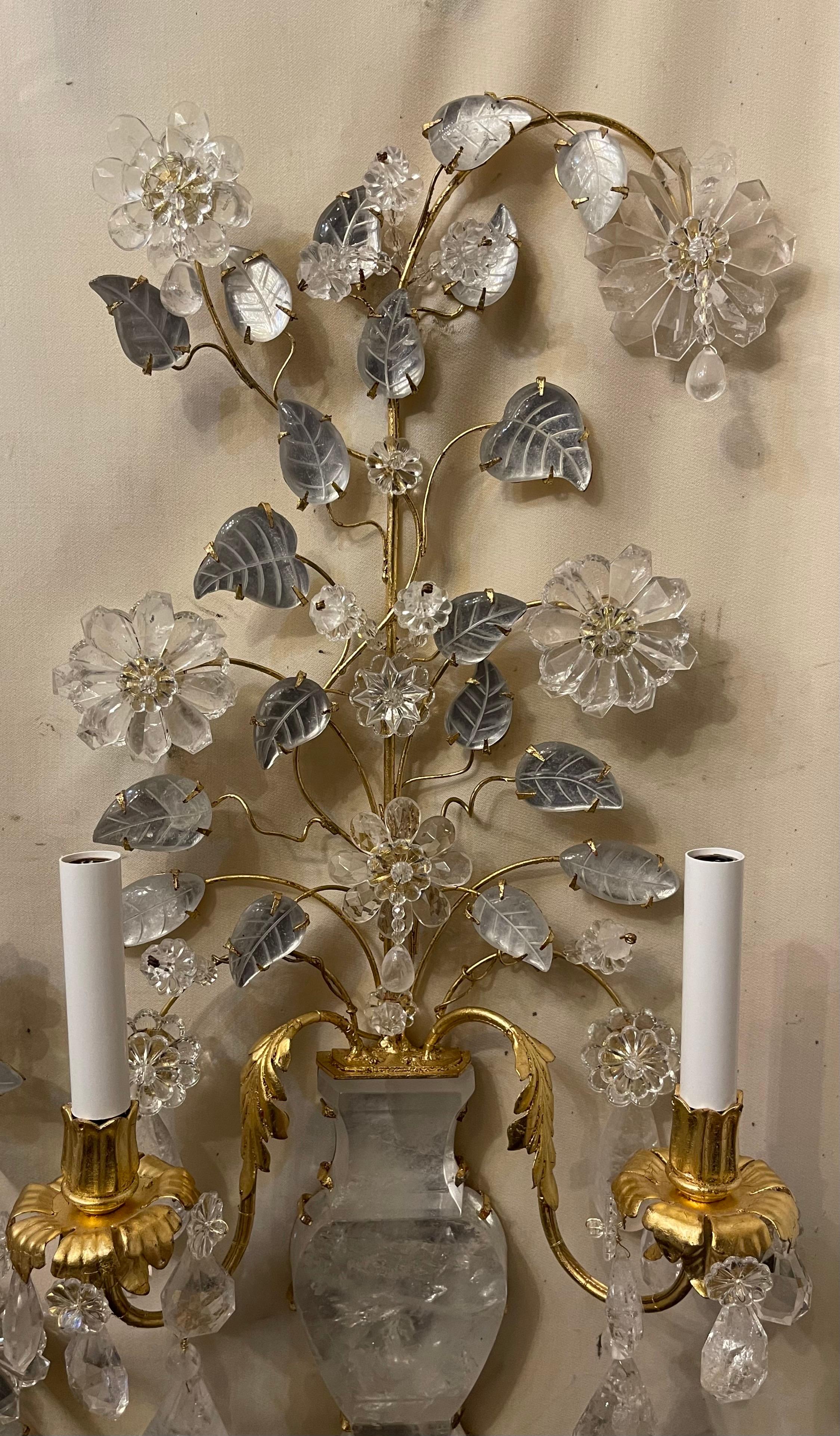 Gilt Wonderful Large Pair Italian Rock Crystal Baguès Urn Flower Bouquet Form Sconces For Sale