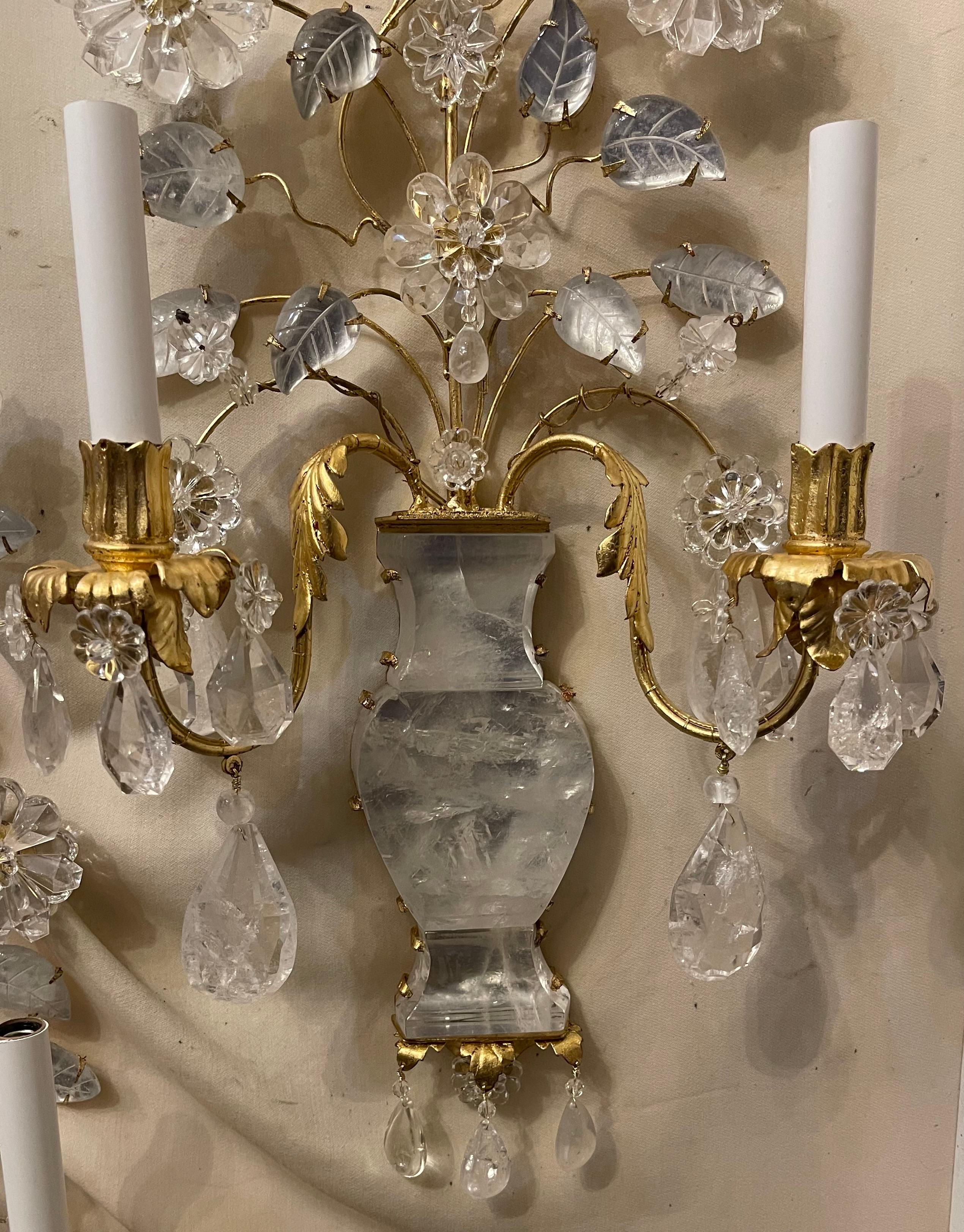 Wonderful Large Pair Italian Rock Crystal Baguès Urn Flower Bouquet Form Sconces In Good Condition For Sale In Roslyn, NY