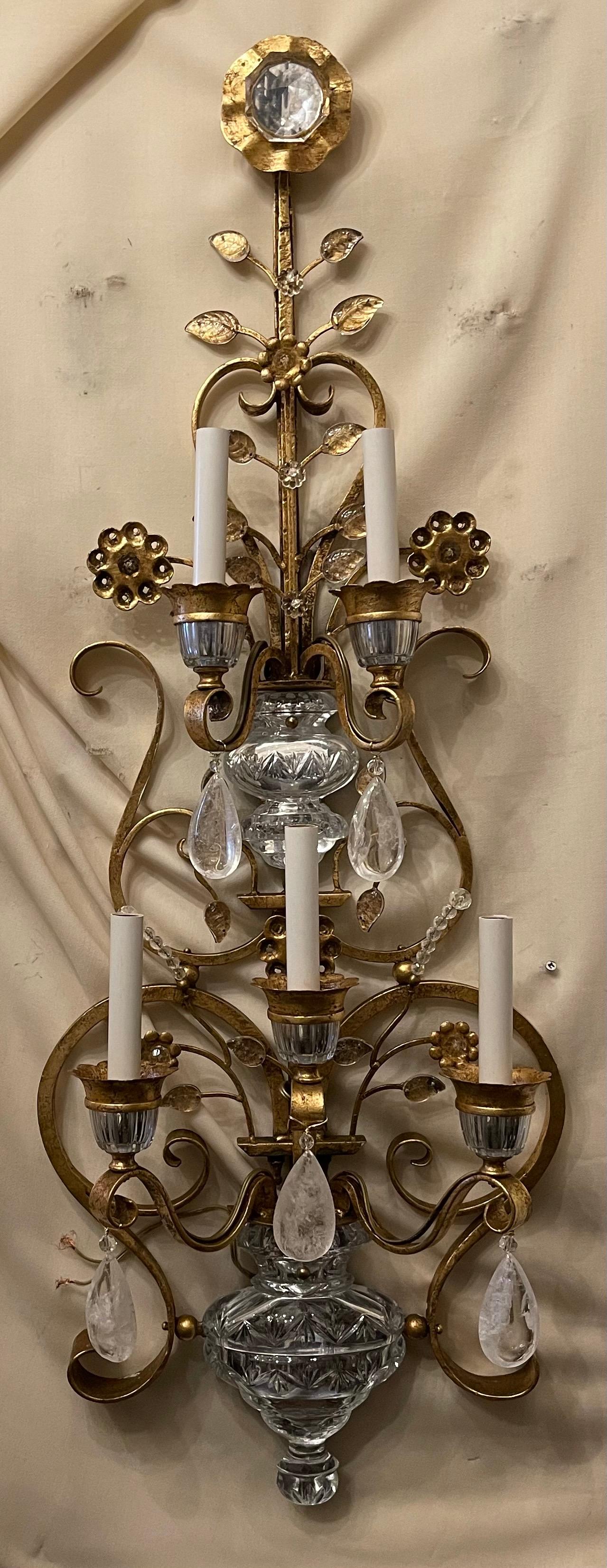 A Wonderful Very Large Pair Italian Rock Crystal And Crystal Baguès Style Urn & Flower With Gold Leaf Gilt 5 Candelabra Sconces