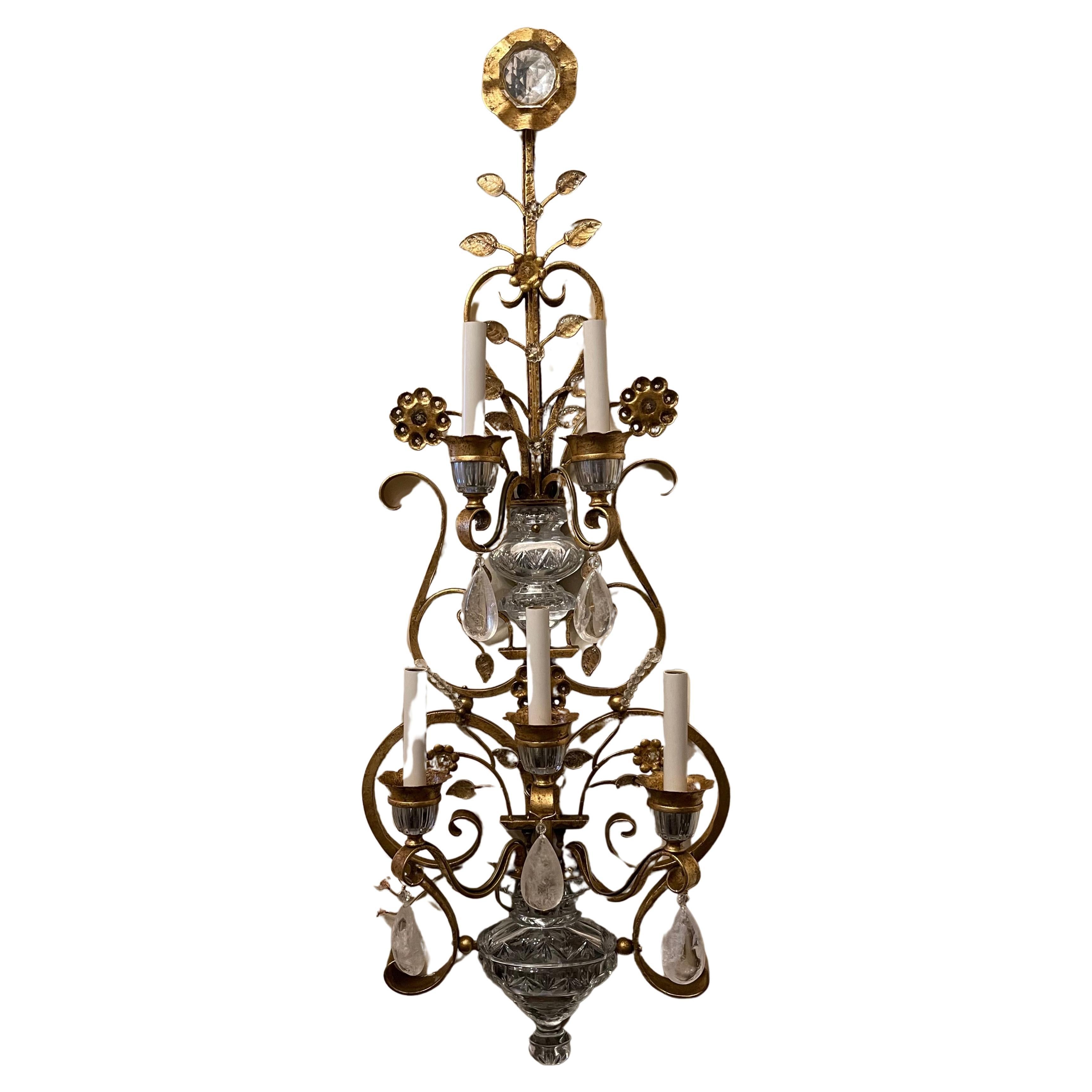 Wonderful Large Pair Italian Rock Crystal Baguès Urn Flower Gold Gilt Sconces For Sale