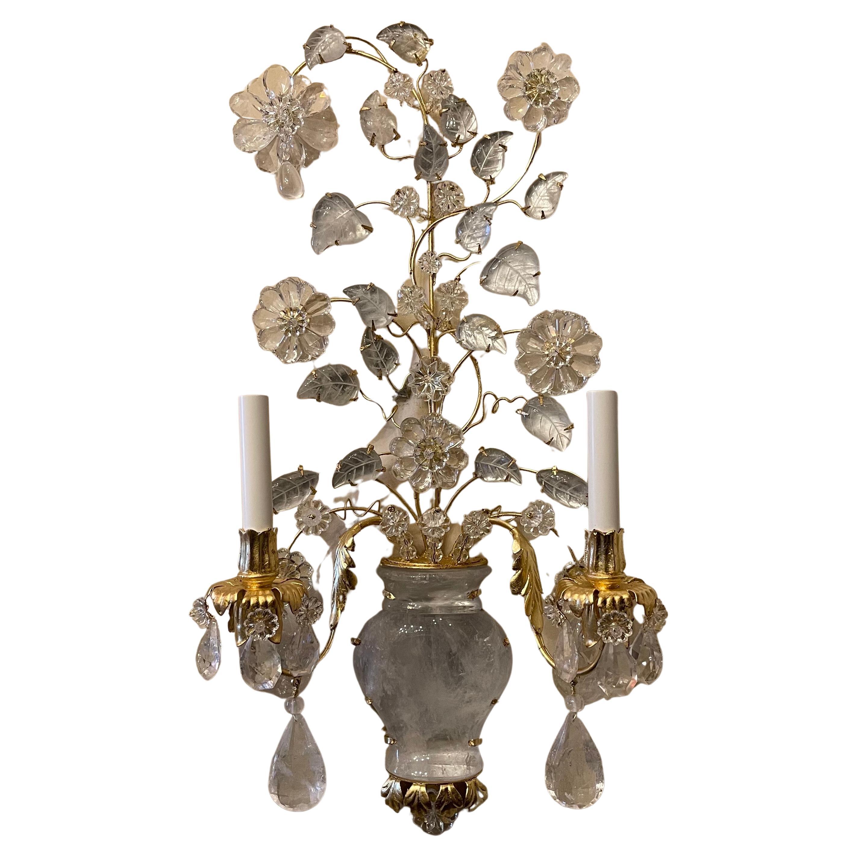 A Wonderful Large Pair Of Italian Rock Crystal Urn Form With Flower & Leaf Bouquet Gold Leaf Two Candelabra Light Sconces In The Manner / Style Of Baguès
