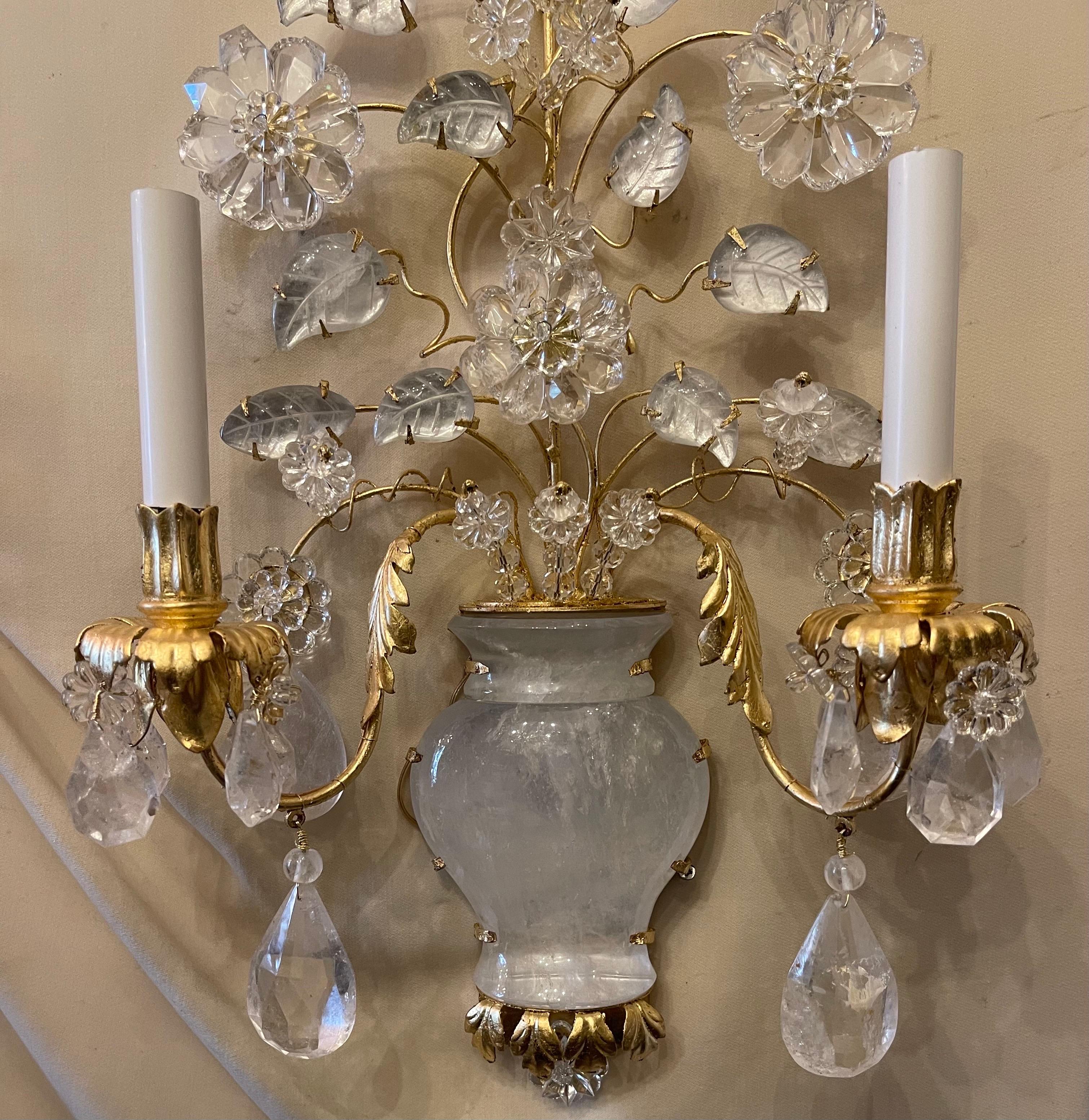 Wonderful Large Pair Italian Rock Crystal Baguès Urn Flower Leaf Gold Sconces In Good Condition For Sale In Roslyn, NY