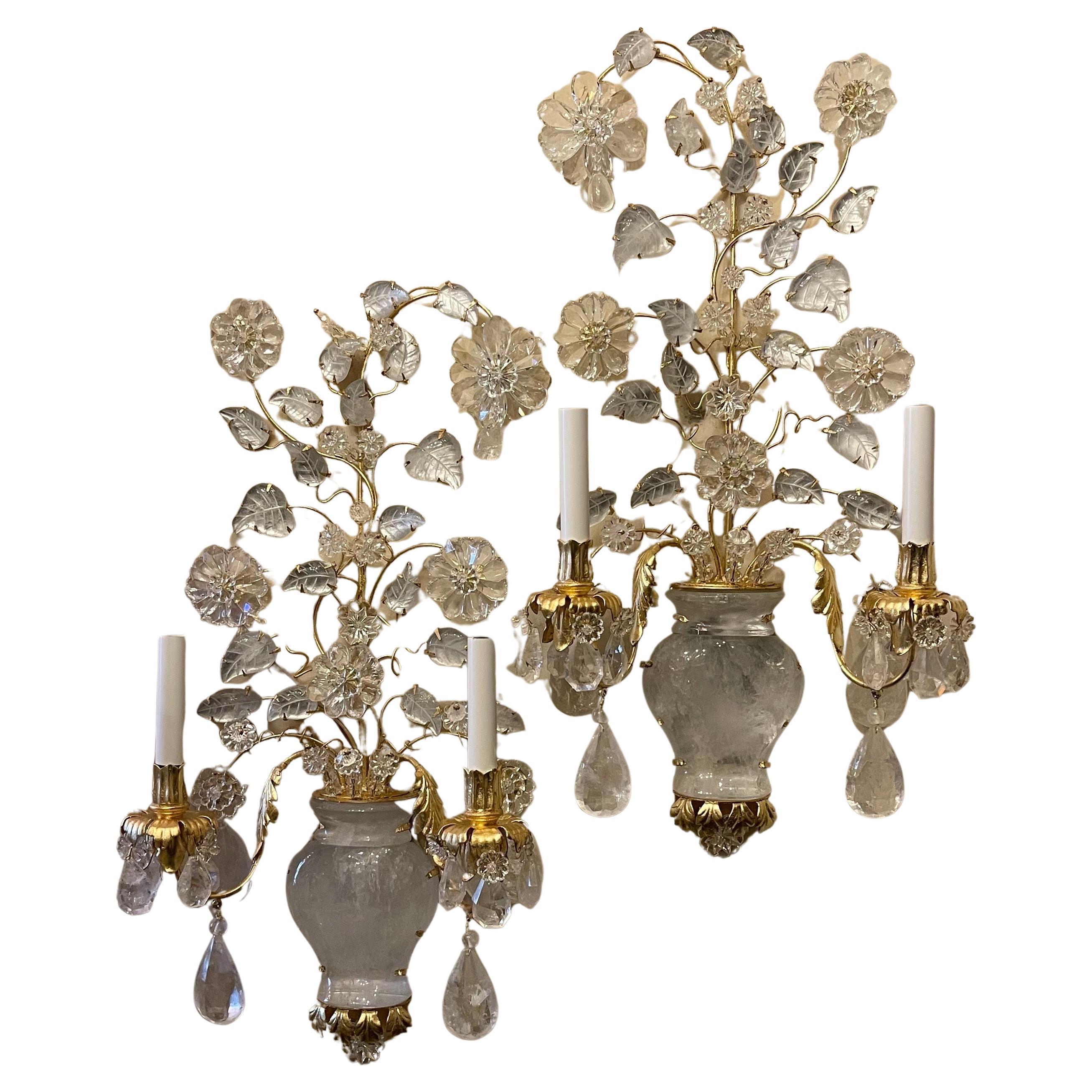 Wonderful Large Pair Italian Rock Crystal Baguès Urn Flower Leaf Gold Sconces For Sale