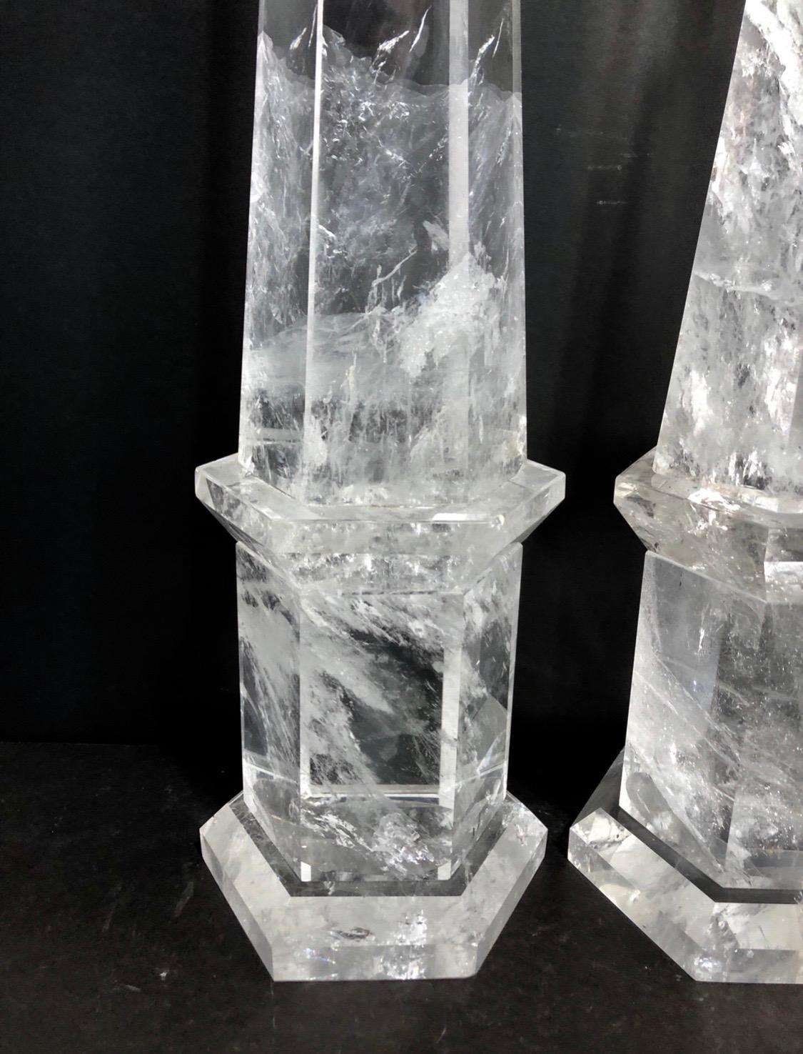 A wonderful large pair of octagonal cut natural rock crystal obelisks in the Mid-Century Modern style, very Fine detail standing 24