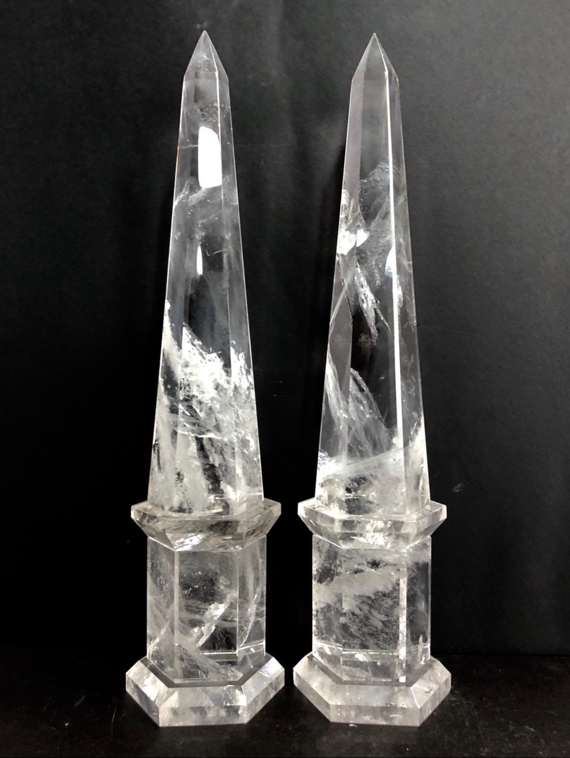 Italian Wonderful Large Pair of Octagonal Cut Natural Rock Crystal Obelisks Fine Spike