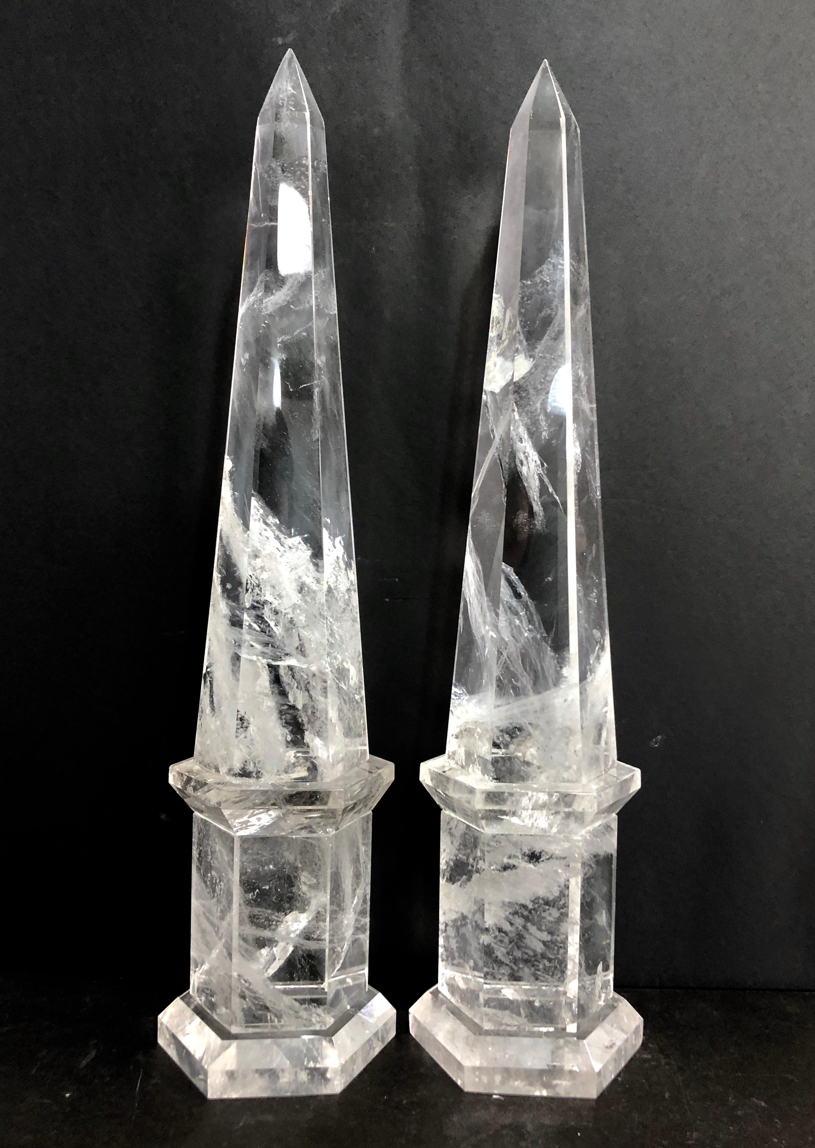 Carved Wonderful Large Pair of Octagonal Cut Natural Rock Crystal Obelisks Fine Spike