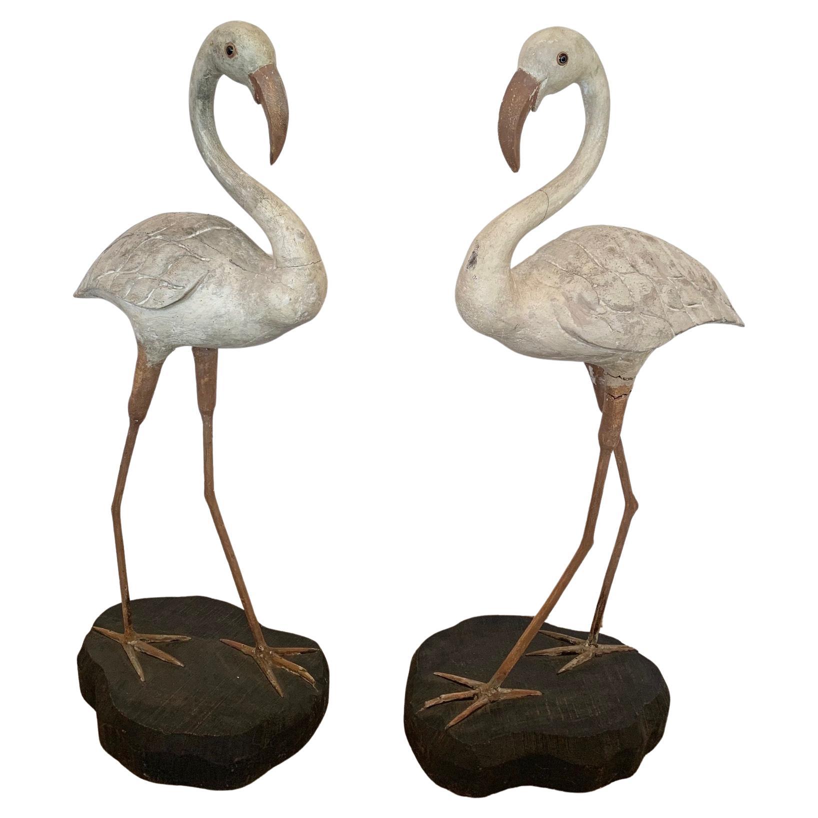 Wonderful Large Pair of Carved Wood Flamingo Sculptures