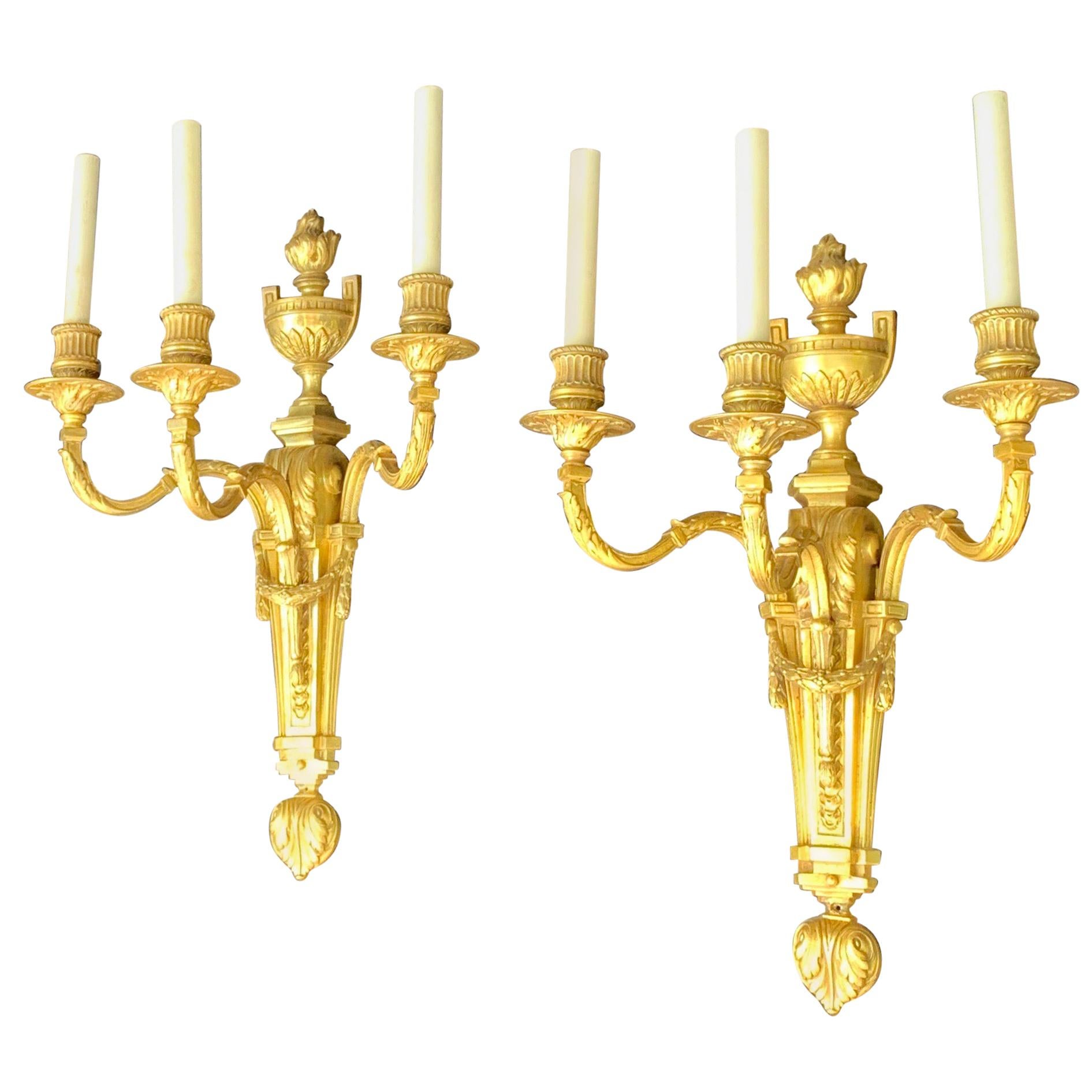 Wonderful Large Pair of French Urn Garland Neoclassical Bronze Caldwell Sconces