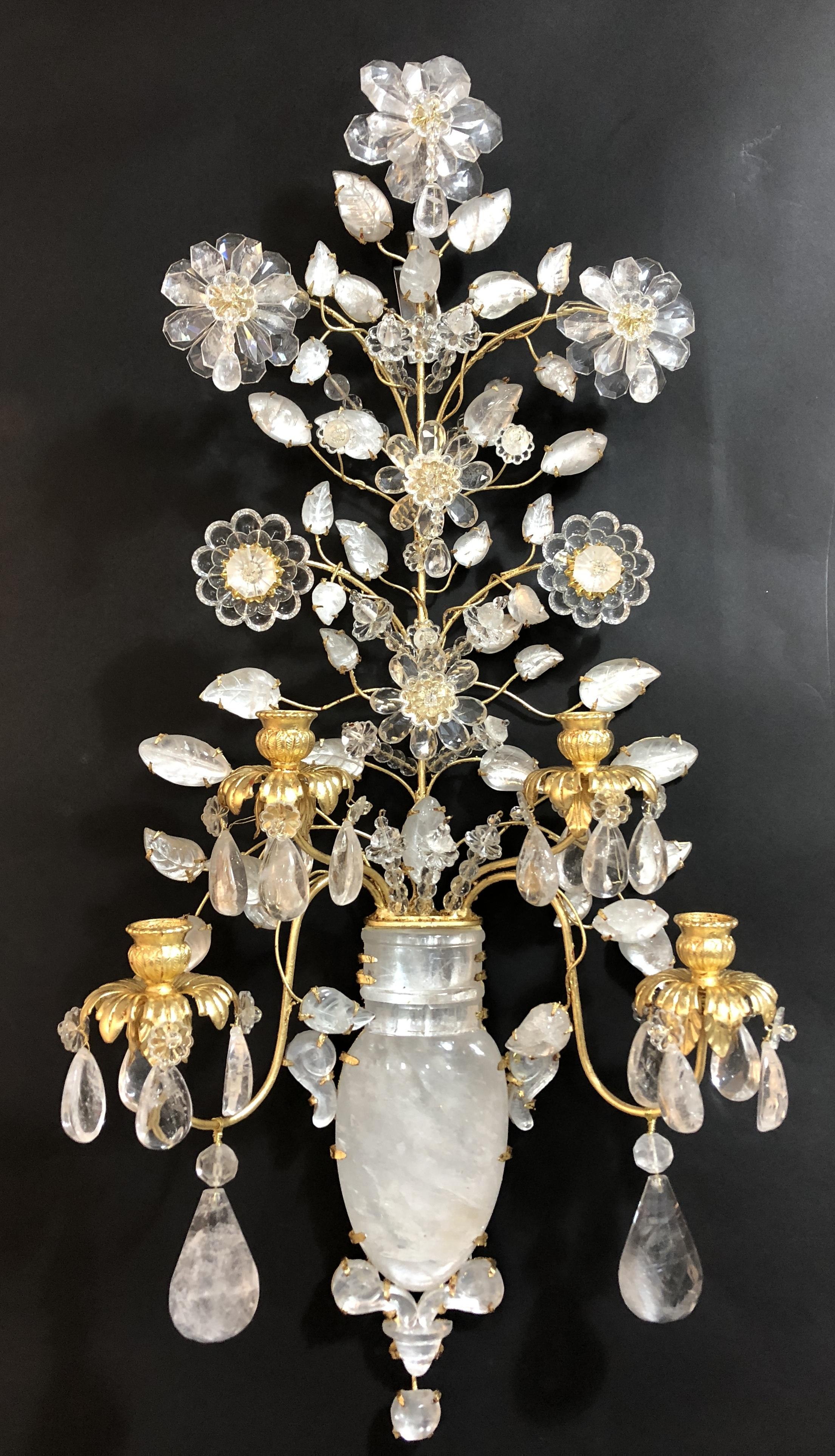 A wonderful large pair of gold gilt and completely rock crystal Baguès style flower or urn 5-arm sconces.
Not electrified, additional $250 if desired.