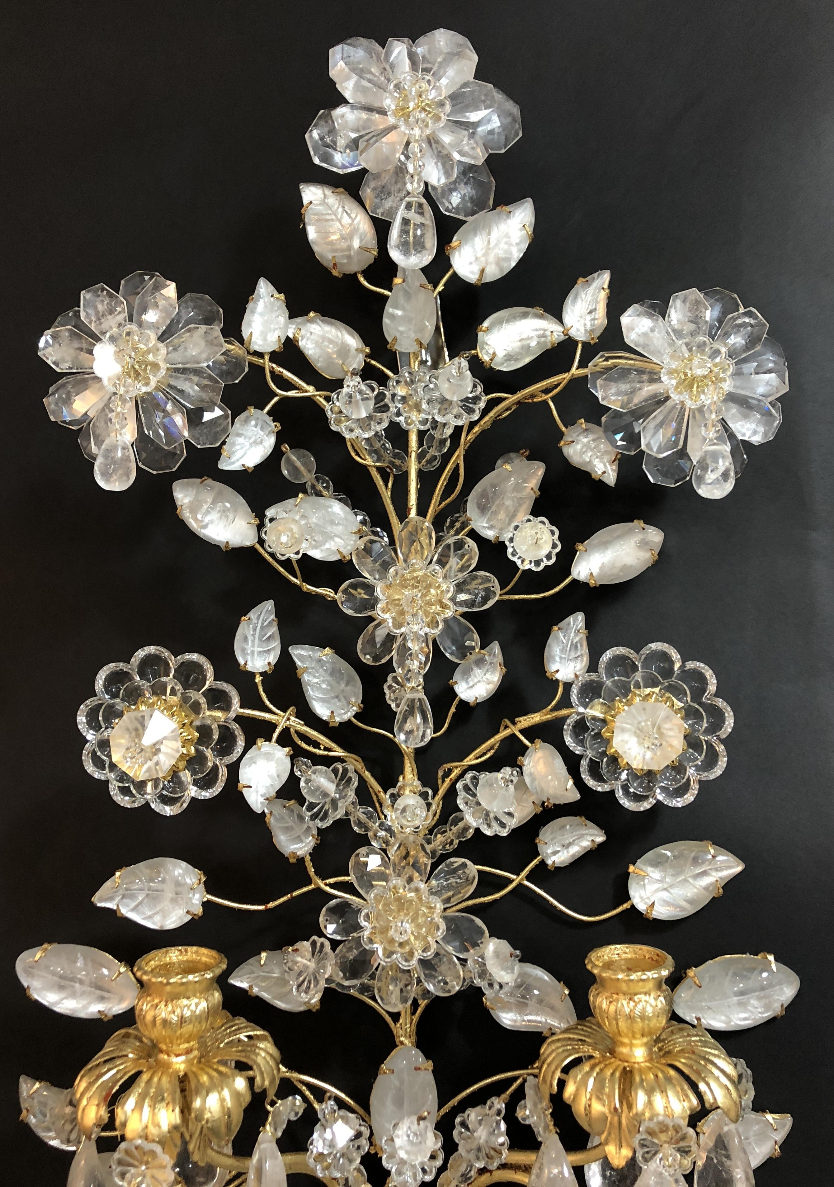 Italian Wonderful Large Pair of Gold Gilt Rock Crystal Baguès Flower Urn 5-Arm Sconces