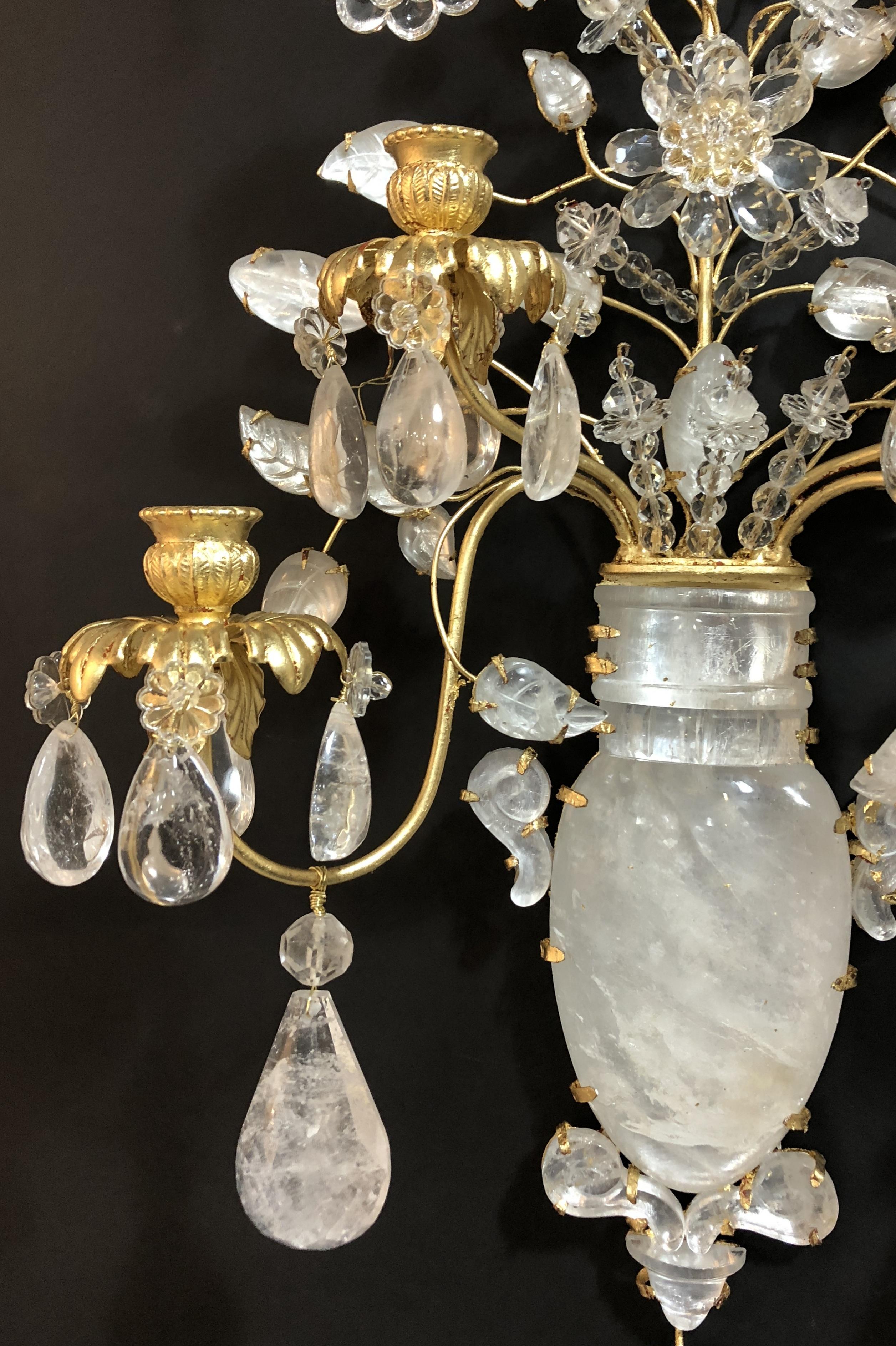 Wonderful Large Pair of Gold Gilt Rock Crystal Baguès Flower Urn 5-Arm Sconces In Good Condition In Roslyn, NY