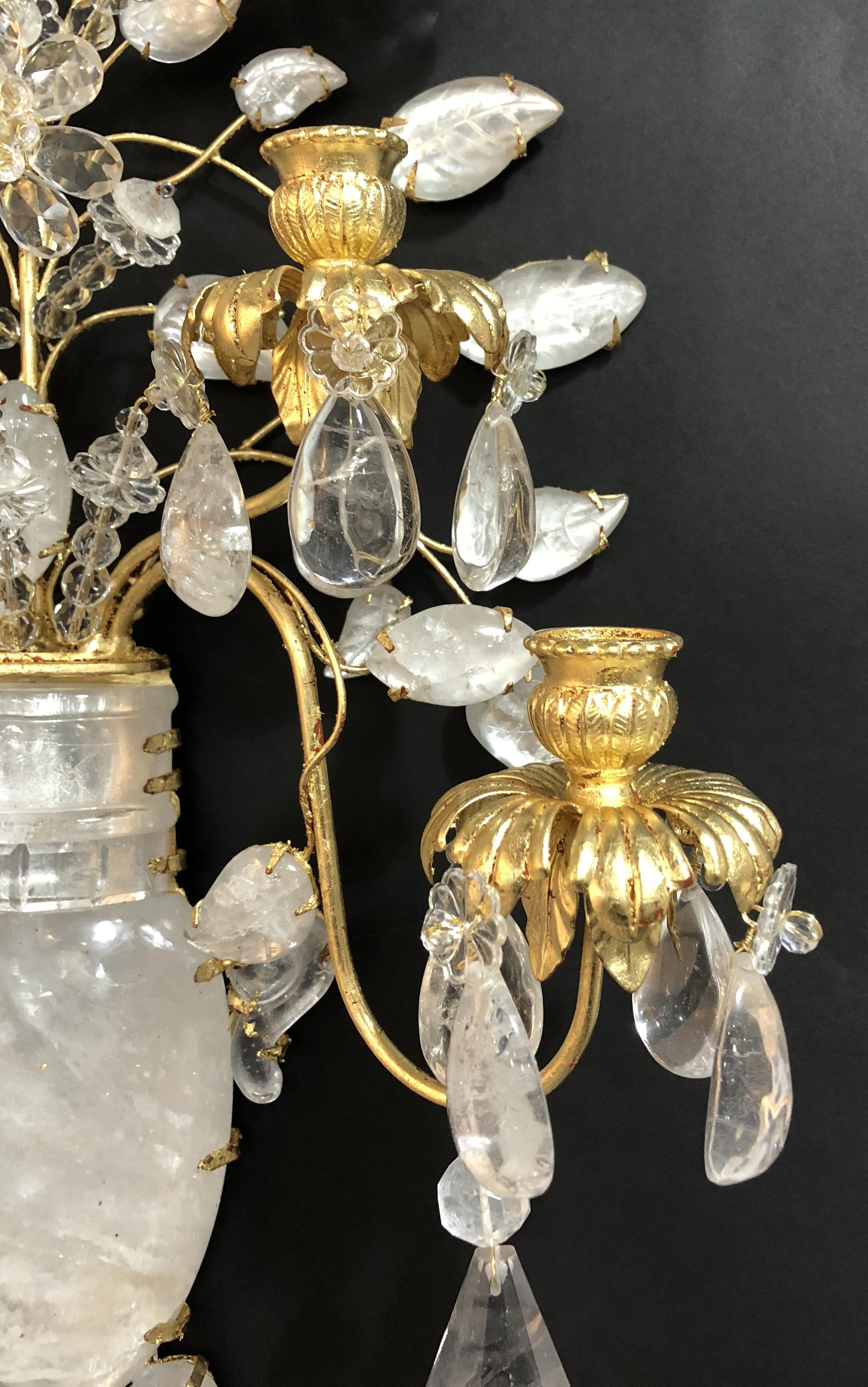 20th Century Wonderful Large Pair of Gold Gilt Rock Crystal Baguès Flower Urn 5-Arm Sconces