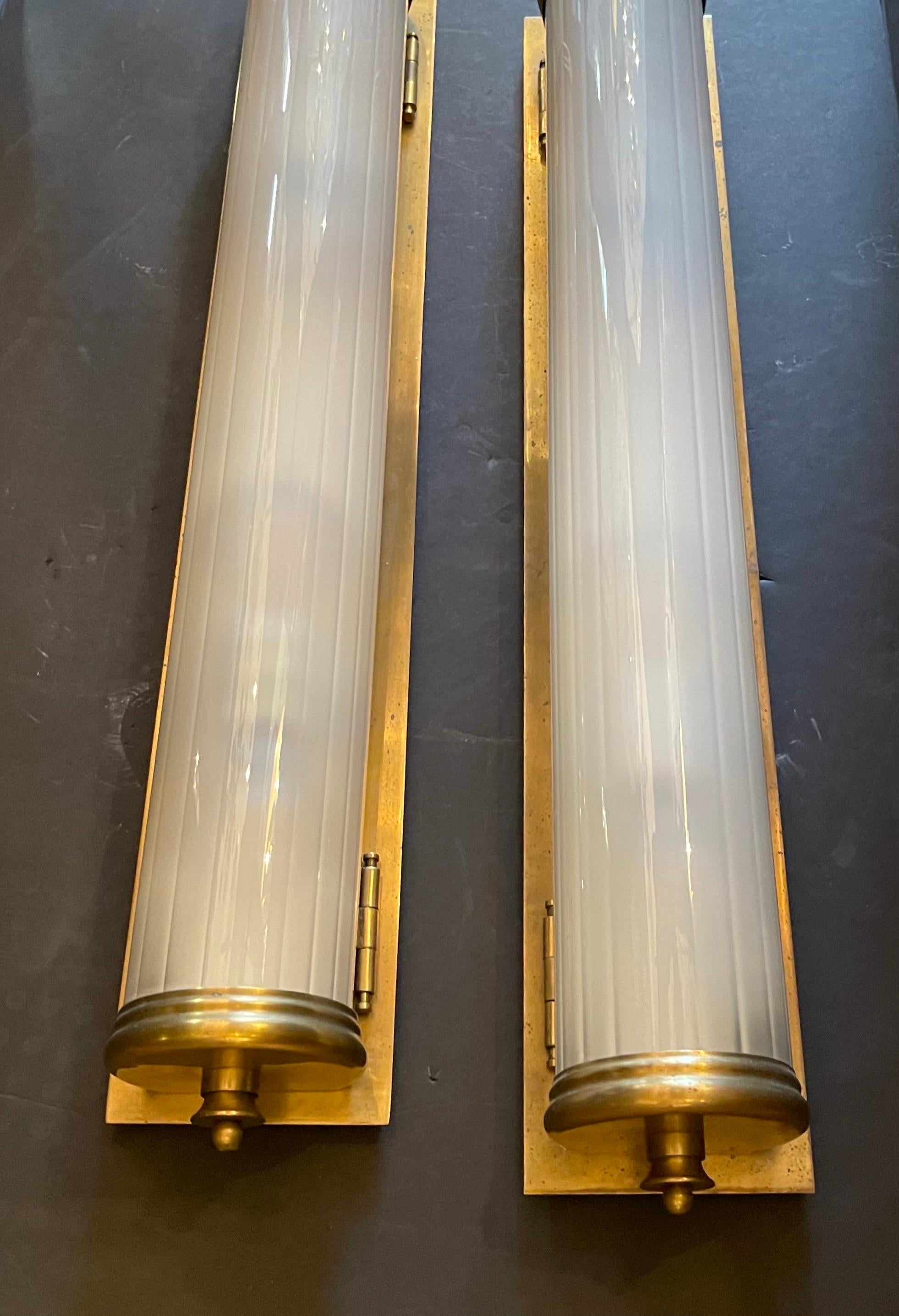 Wonderful Large Pair Vintage Vaughan Bronze Curved Frosted Glass Lantern Sconces In Good Condition For Sale In Roslyn, NY