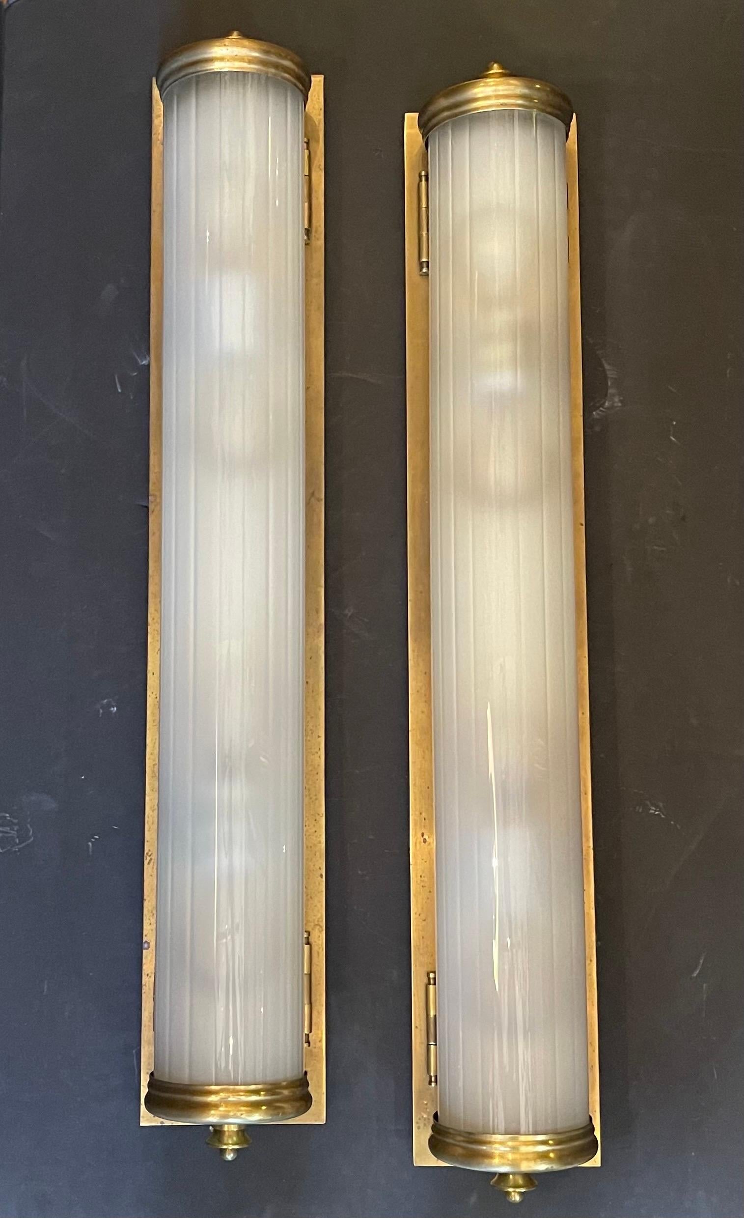 A Wonderful Large Pair Of Vintage Bronze & Curved Frosted Glass Lantern Sconces Each Fitted With Four Edison Light In The Manner Of Vaughan 
Wiring Up To Date With UL