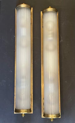 Wonderful Large Pair Vintage Vaughan Bronze Curved Frosted Glass Lantern Sconces